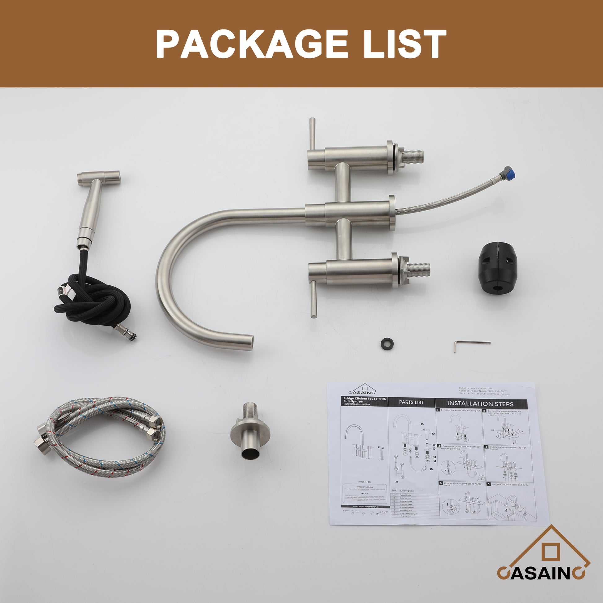3 Hole Kitchen Faucet with Pull Down Sprayer and Faucet Side Sprayer Matte Black Brushed Gold Brushed Nickel