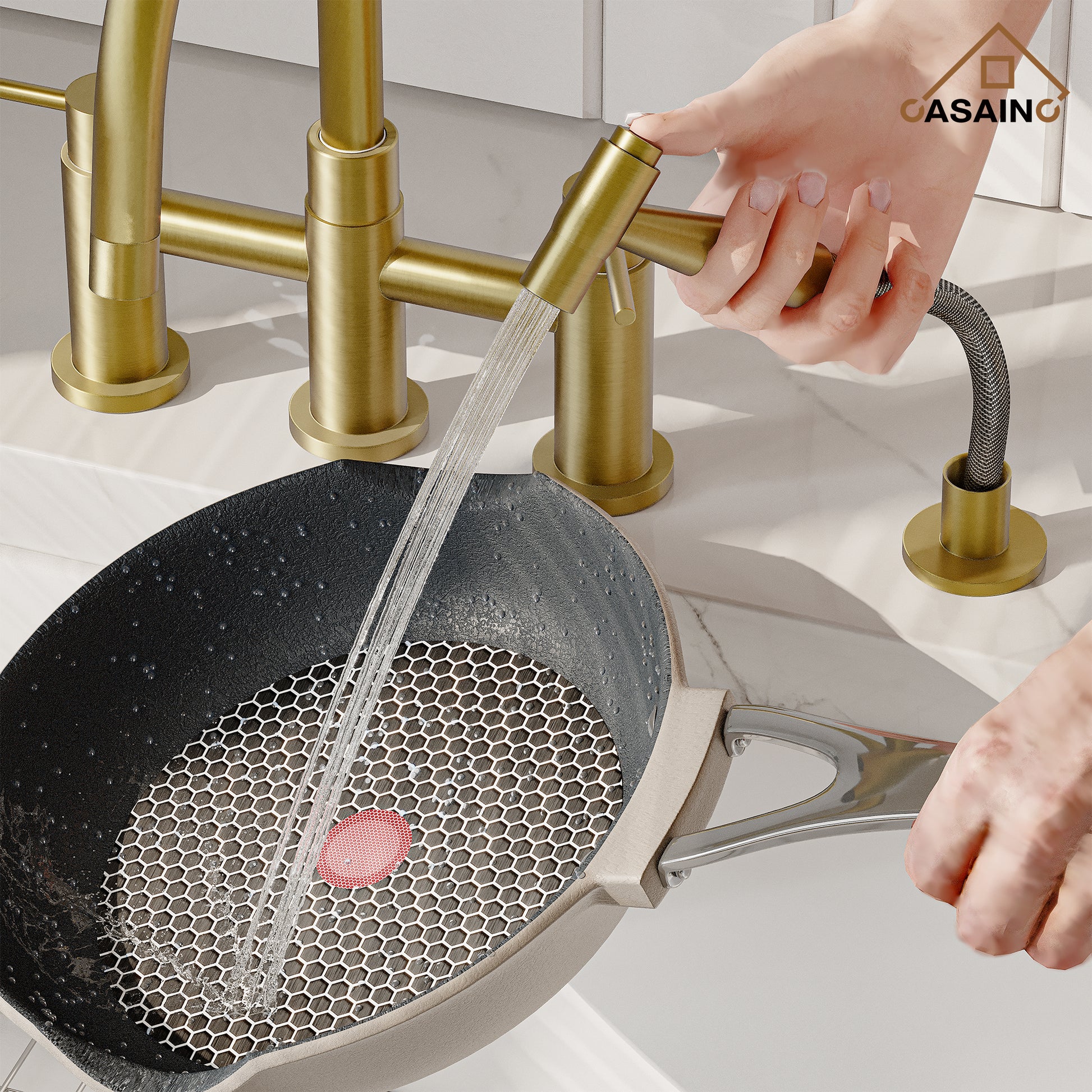 3 Hole Kitchen Faucet with Pull Down Sprayer and Faucet Side Sprayer Matte Black Brushed Gold Brushed Nickel