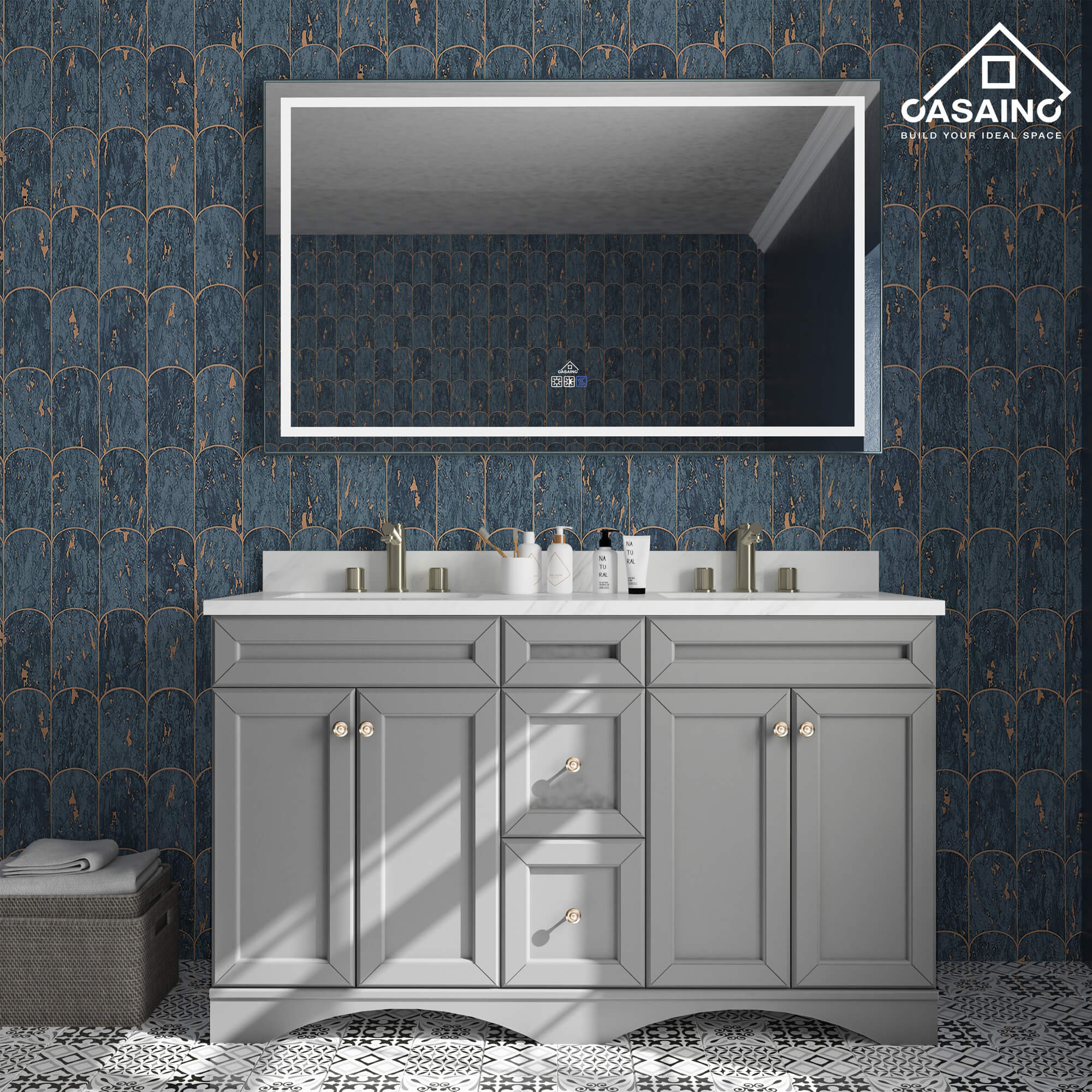 CASAINC 60 x 22 x 35.4 in. Solid Wood Bath Vanity with Marble Top and Backsplash in Gray/White (No/With Mirror)-CASAINC