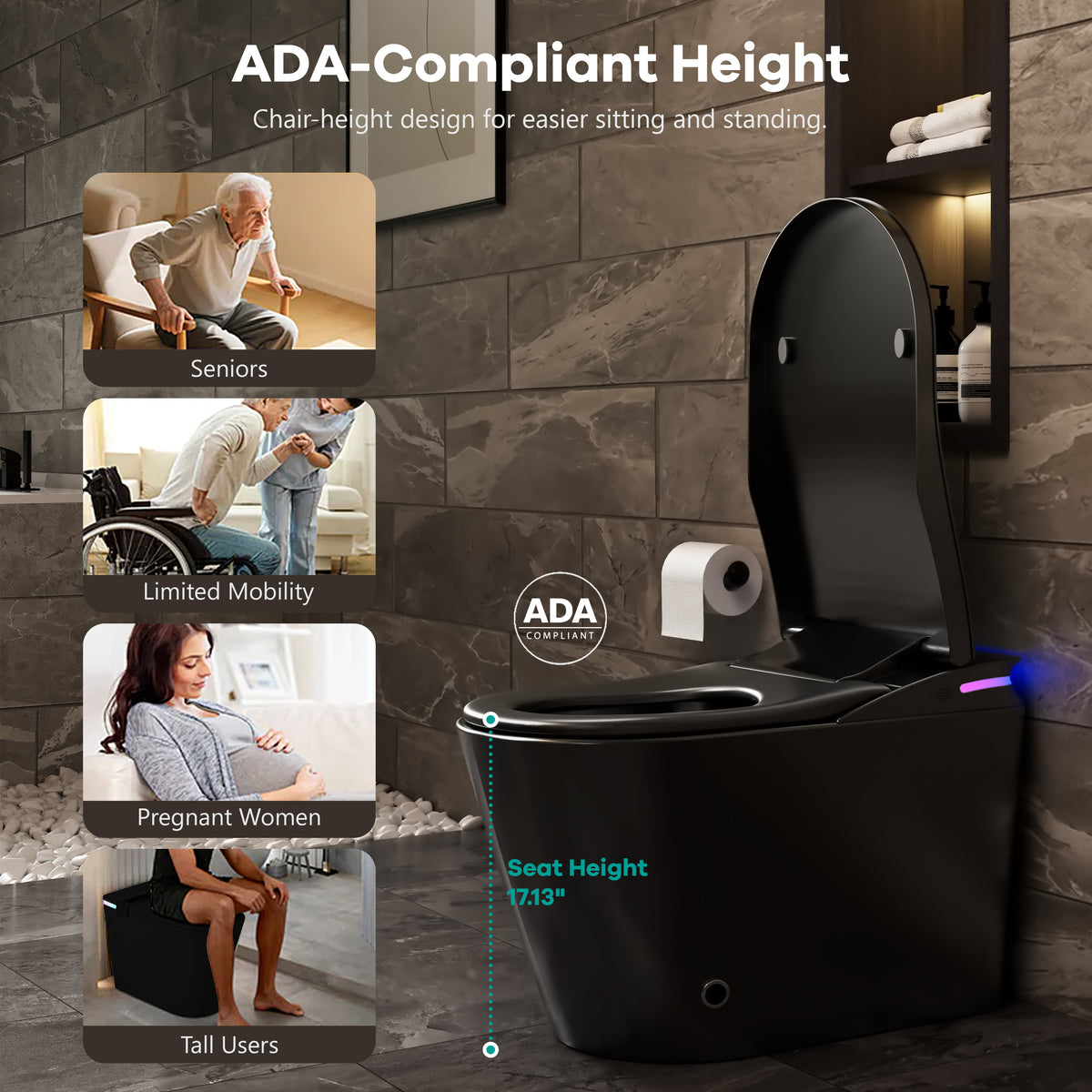 One-Piece Chair Height Elongated Smart Bidet Toilet with Auto Lid, Foam Shield Protection & Dual Flush