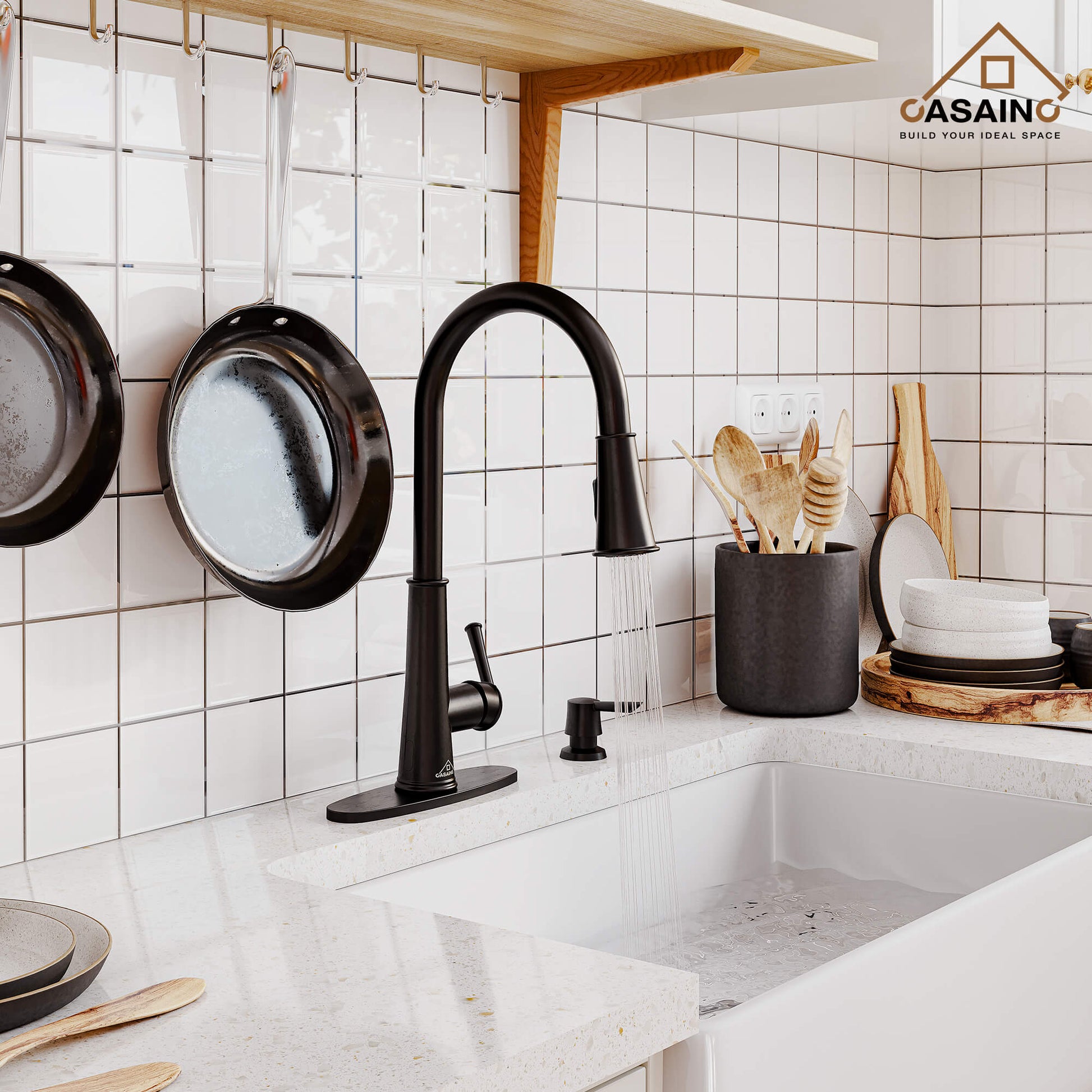 CASAINC Infrared Induction touchless pull down single handle Kitchen Faucet With LED Function in Matte Black/1.8gpm, soap dispenser contain-CASAINC