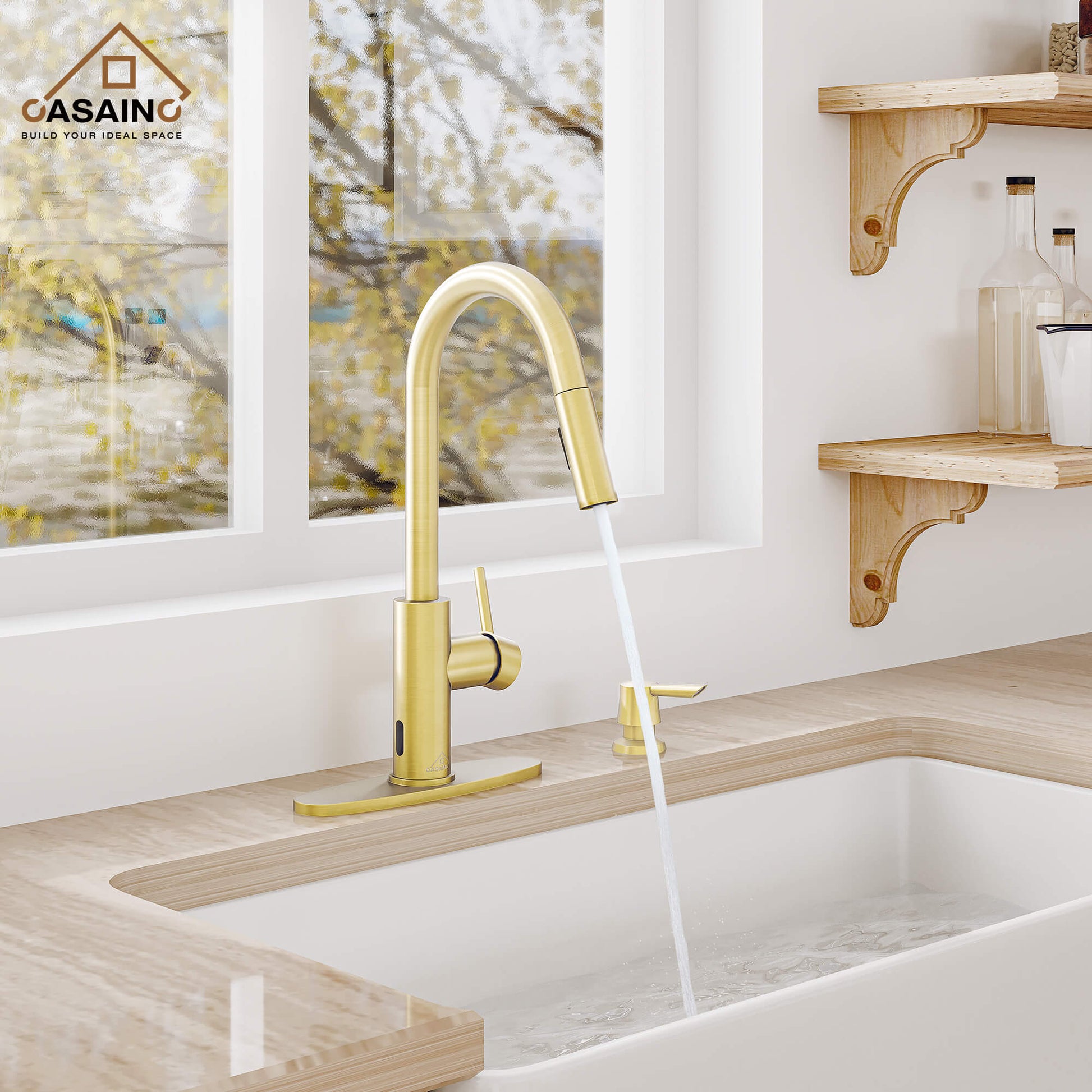 CASAINC Infrared Induction touchless pull down single handle Kitchen Faucet With LED Function in Matte Black/1.8gpm, soap dispenser contain-CASAINC