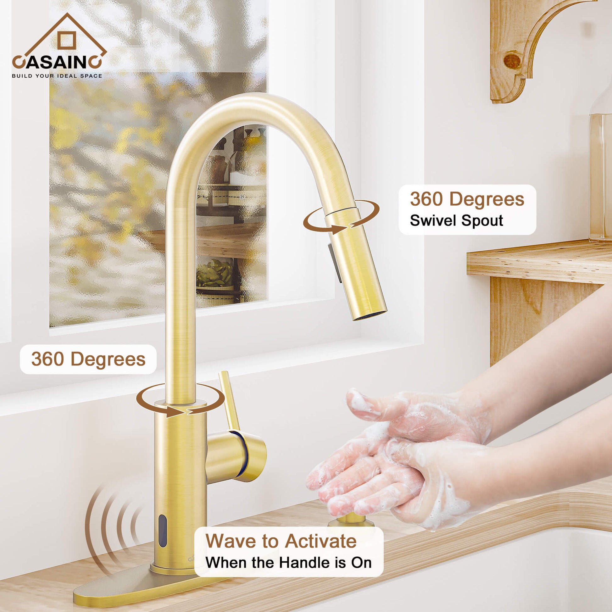 CASAINC Infrared Induction touchless pull down single handle Kitchen Faucet With LED Function in Matte Black/1.8gpm, soap dispenser contain-CASAINC