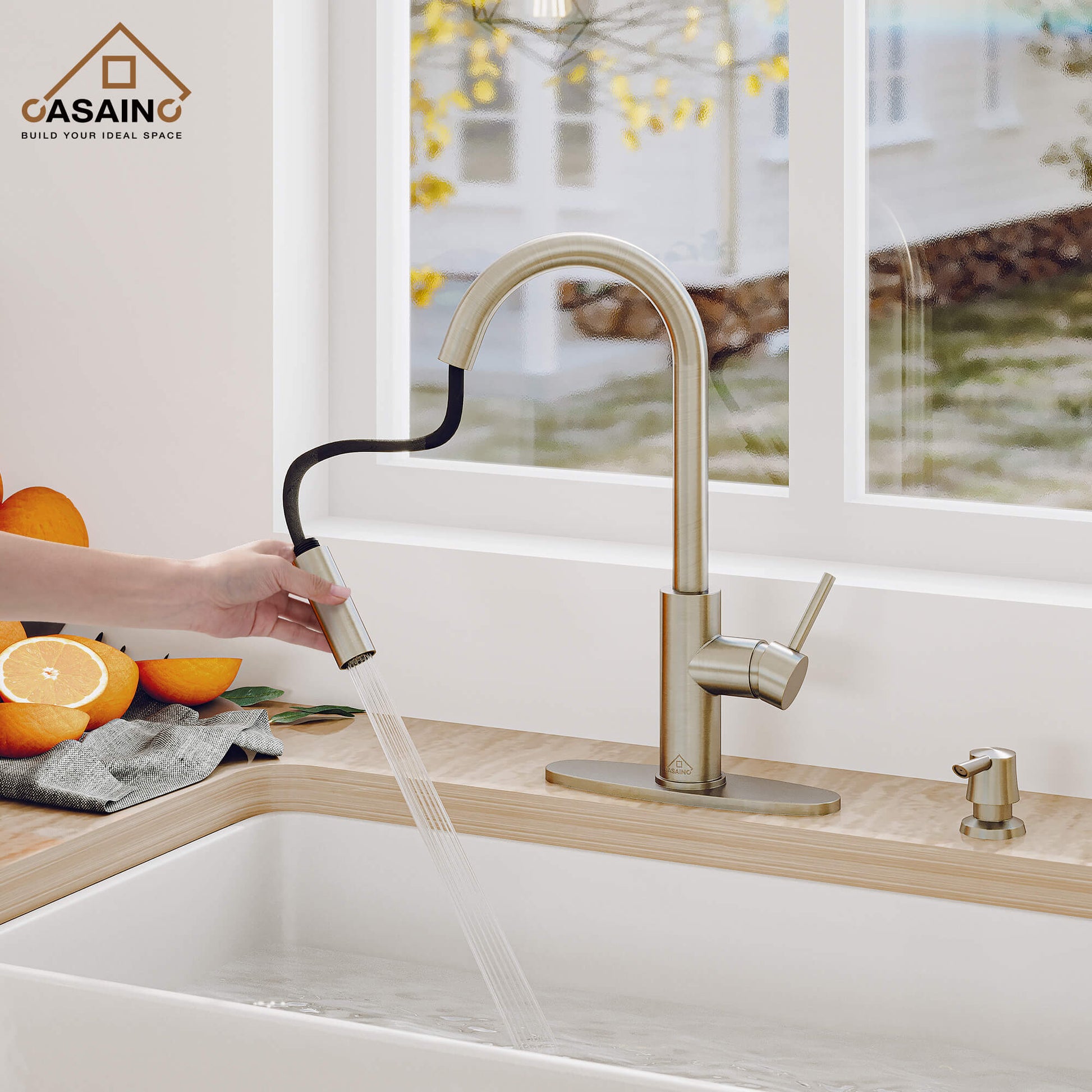 CASAINC Infrared Induction touchless pull down single handle Kitchen Faucet With LED Function in Matte Black/1.8gpm, soap dispenser contain-CASAINC