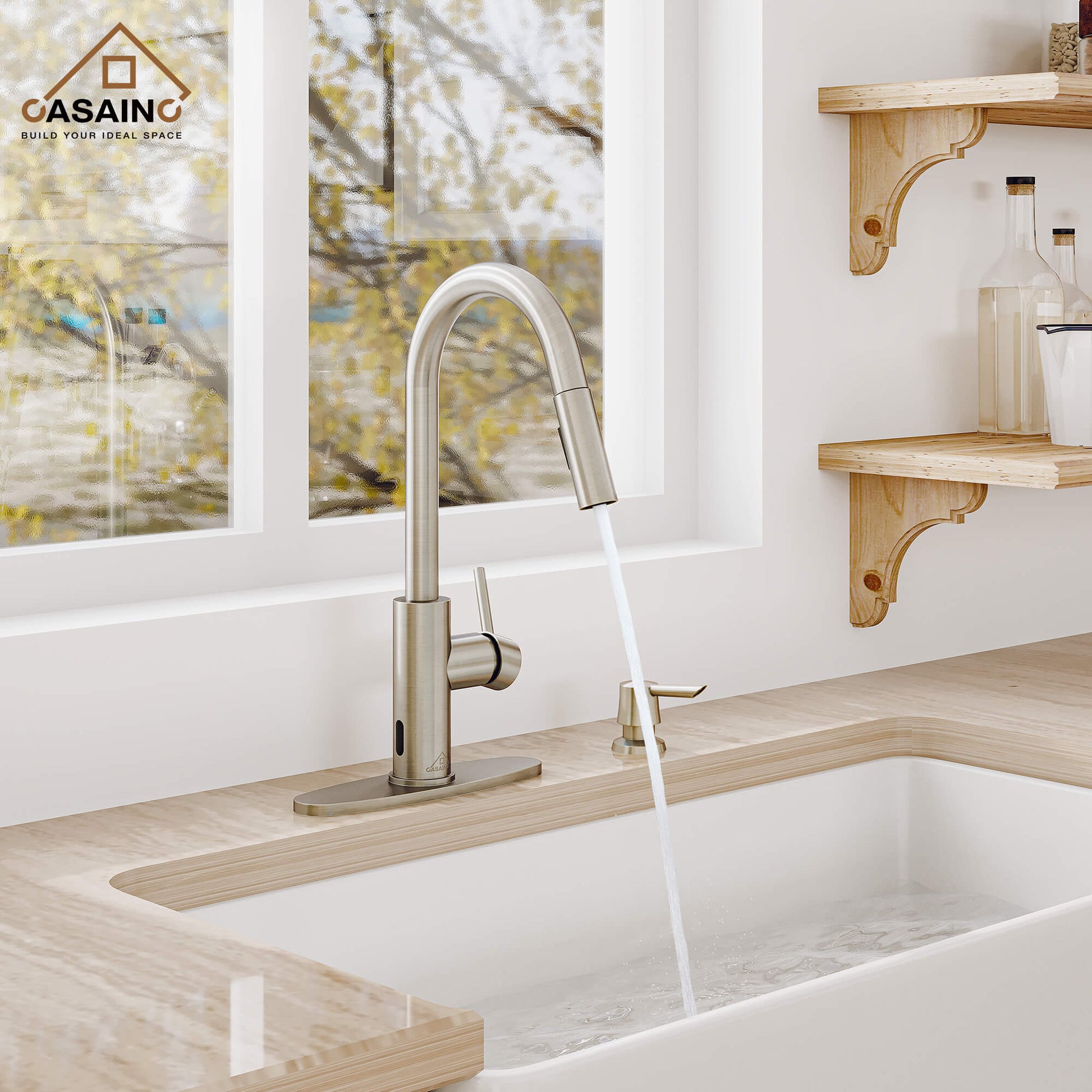 CASAINC Infrared Induction touchless pull down single handle Kitchen Faucet With LED Function in Matte Black/1.8gpm, soap dispenser contain-CASAINC