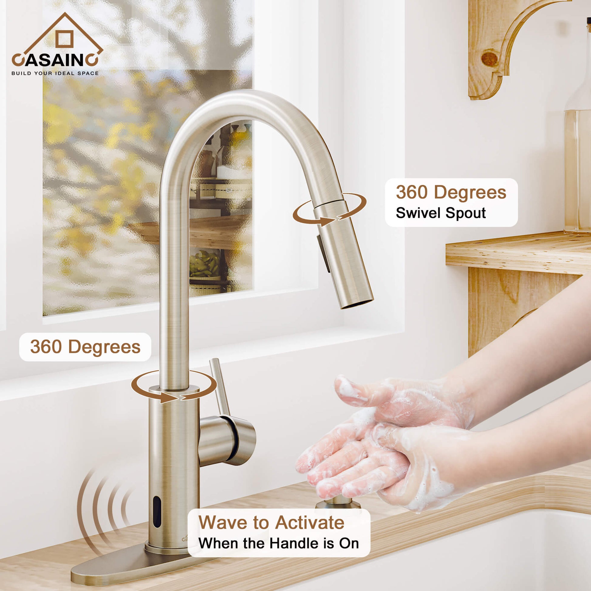 CASAINC Infrared Induction touchless pull down single handle Kitchen Faucet With LED Function in Matte Black/1.8gpm, soap dispenser contain-CASAINC