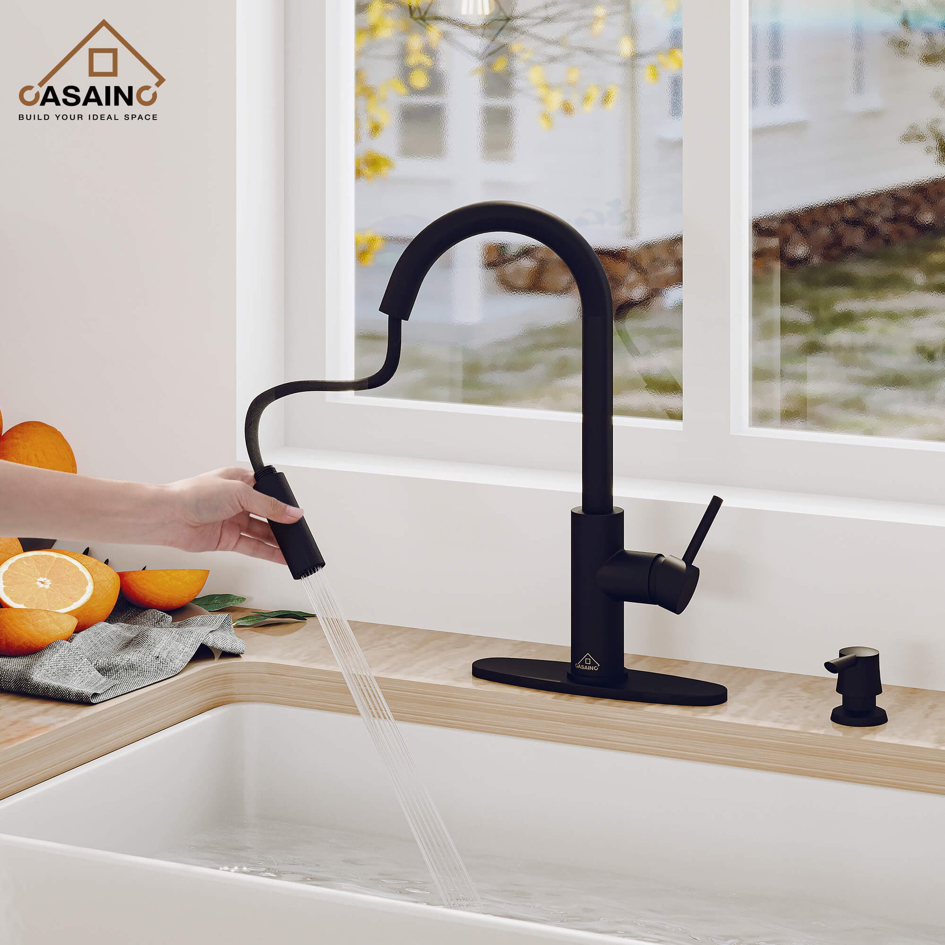 CASAINC Infrared Induction touchless pull down single handle Kitchen Faucet With LED Function in Matte Black/1.8gpm, soap dispenser contain-CASAINC