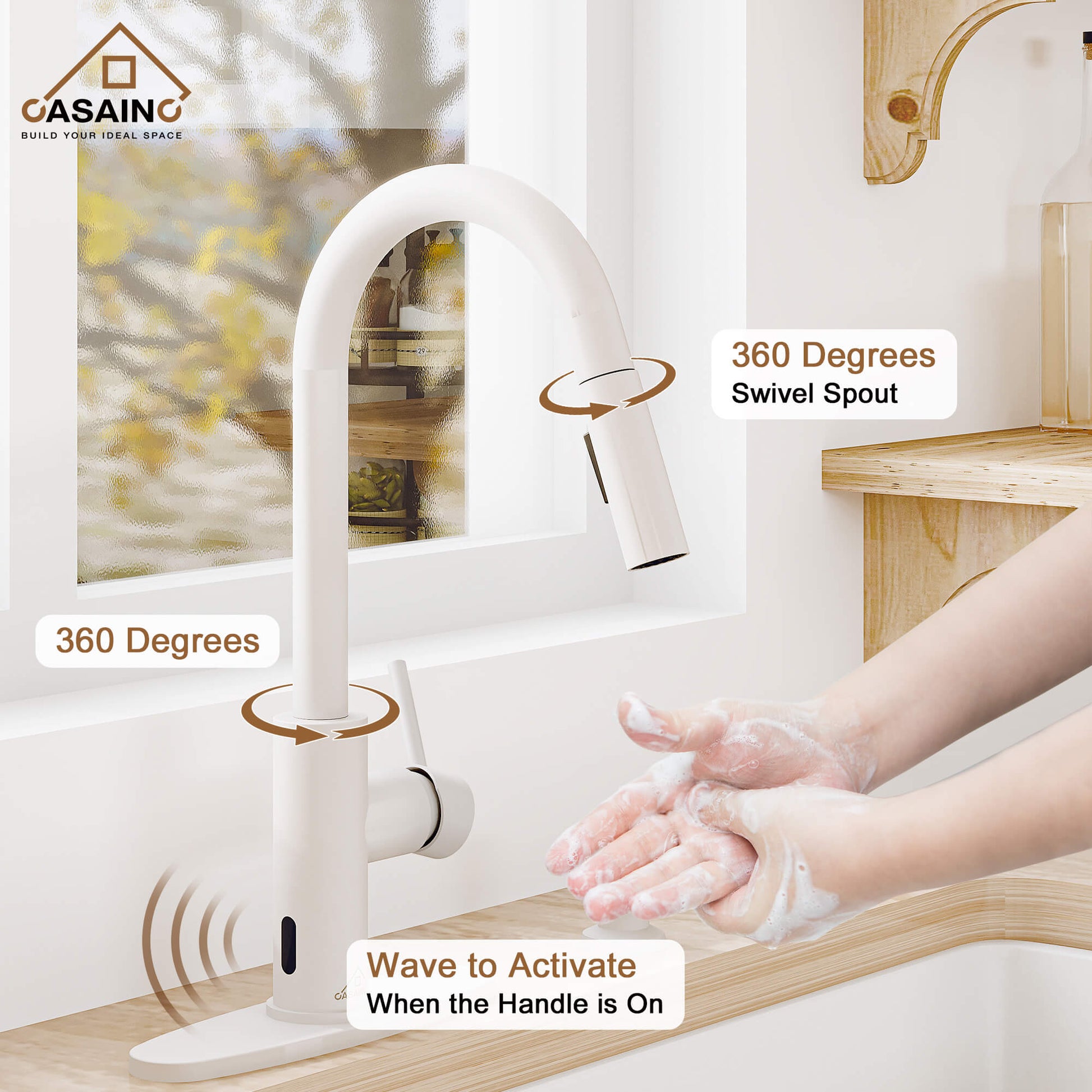 CASAINC Infrared Induction touchless pull down single handle Kitchen Faucet With LED Function in Matte Black/1.8gpm, soap dispenser contain-CASAINC