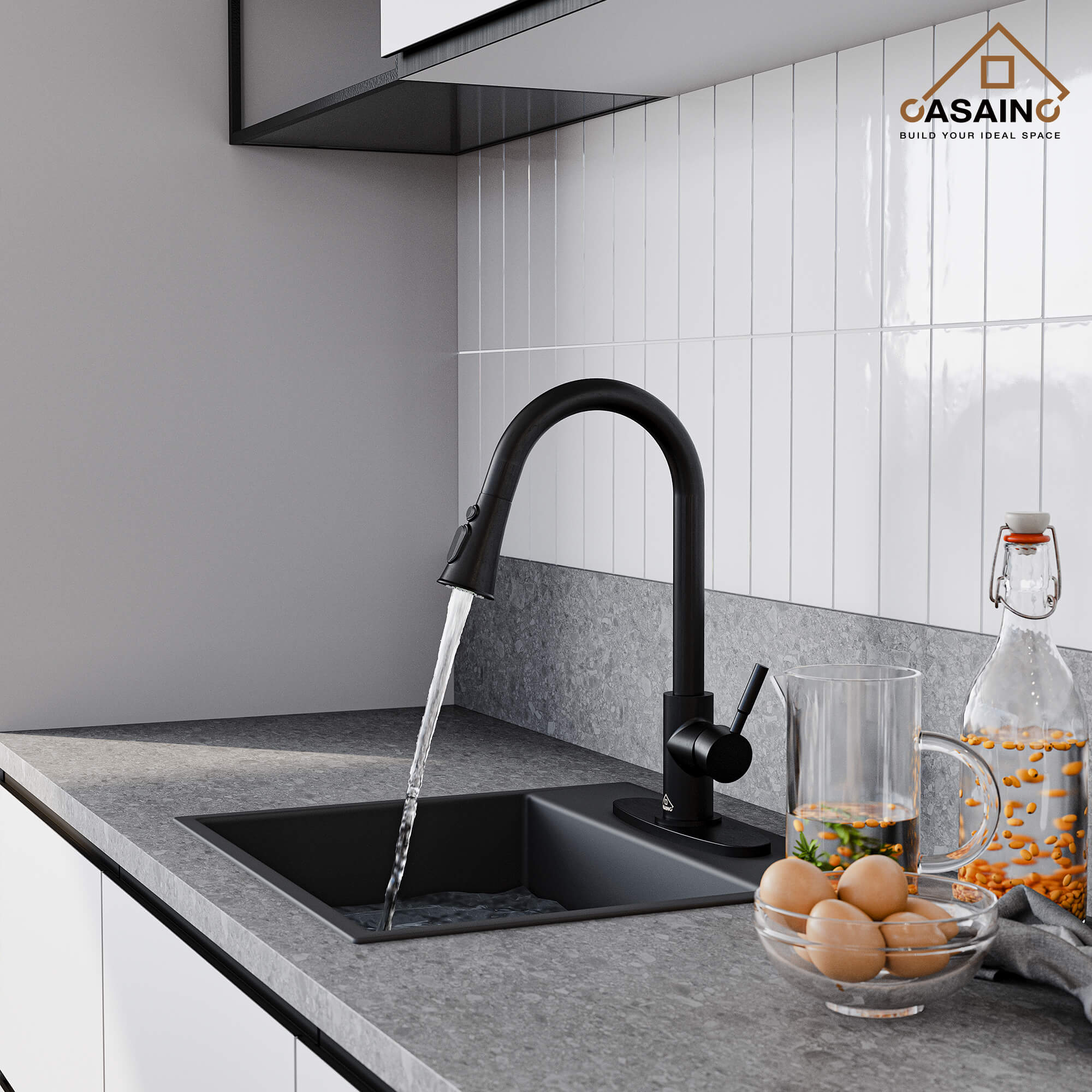 CASAINC 1.8GPM Pull-out Kitchen Faucet in Matte Black/White-CASAINC