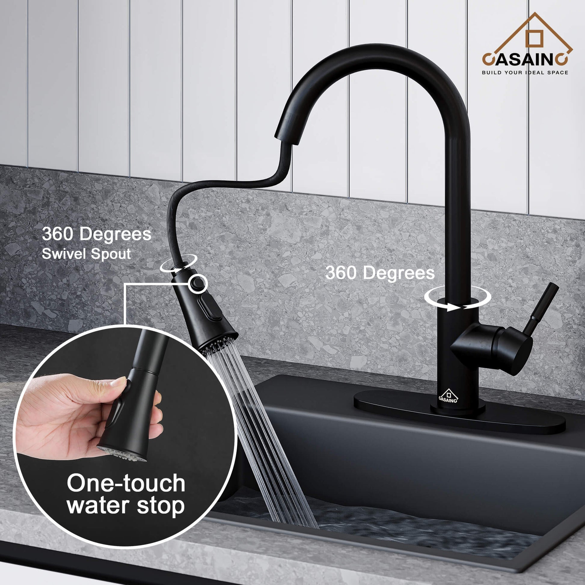 CASAINC 1.8GPM Pull-out Kitchen Faucet in Matte Black/White-CASAINC