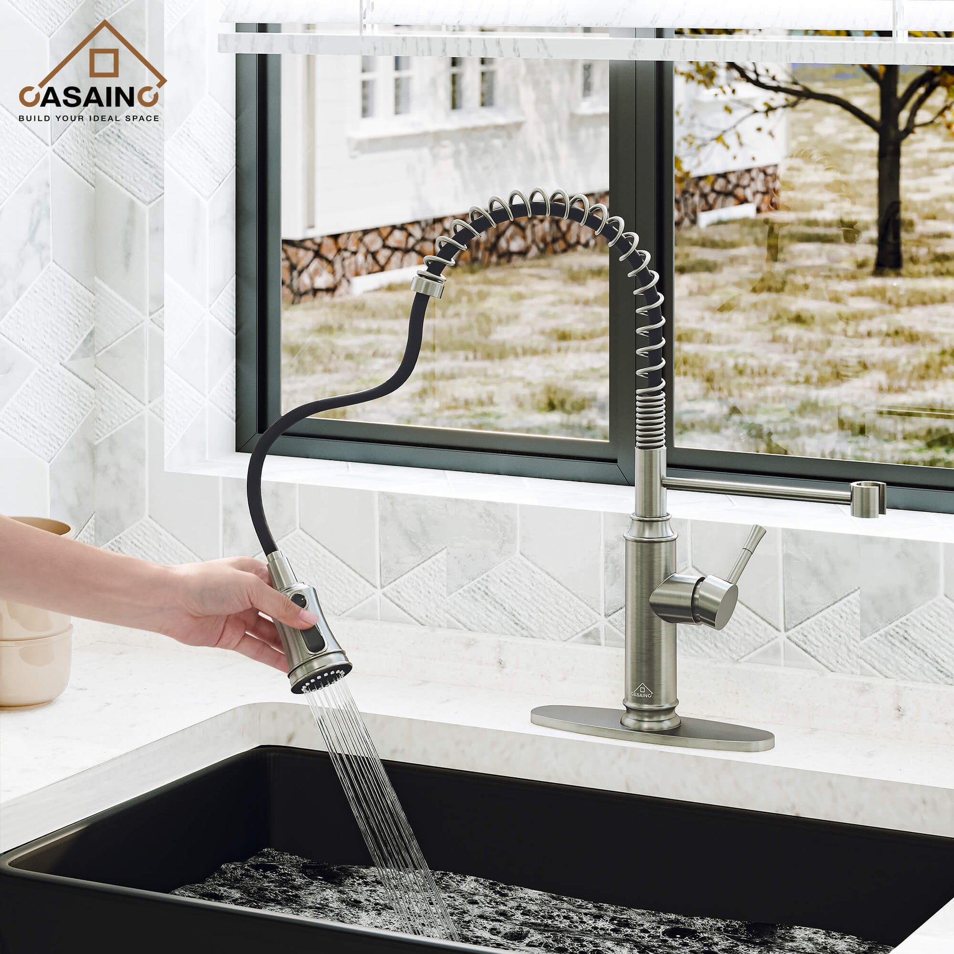 CASAINC pull down kitchen faucet with 1.8gpm spray head function switch in mattle black/brushed nickel-CASAINC