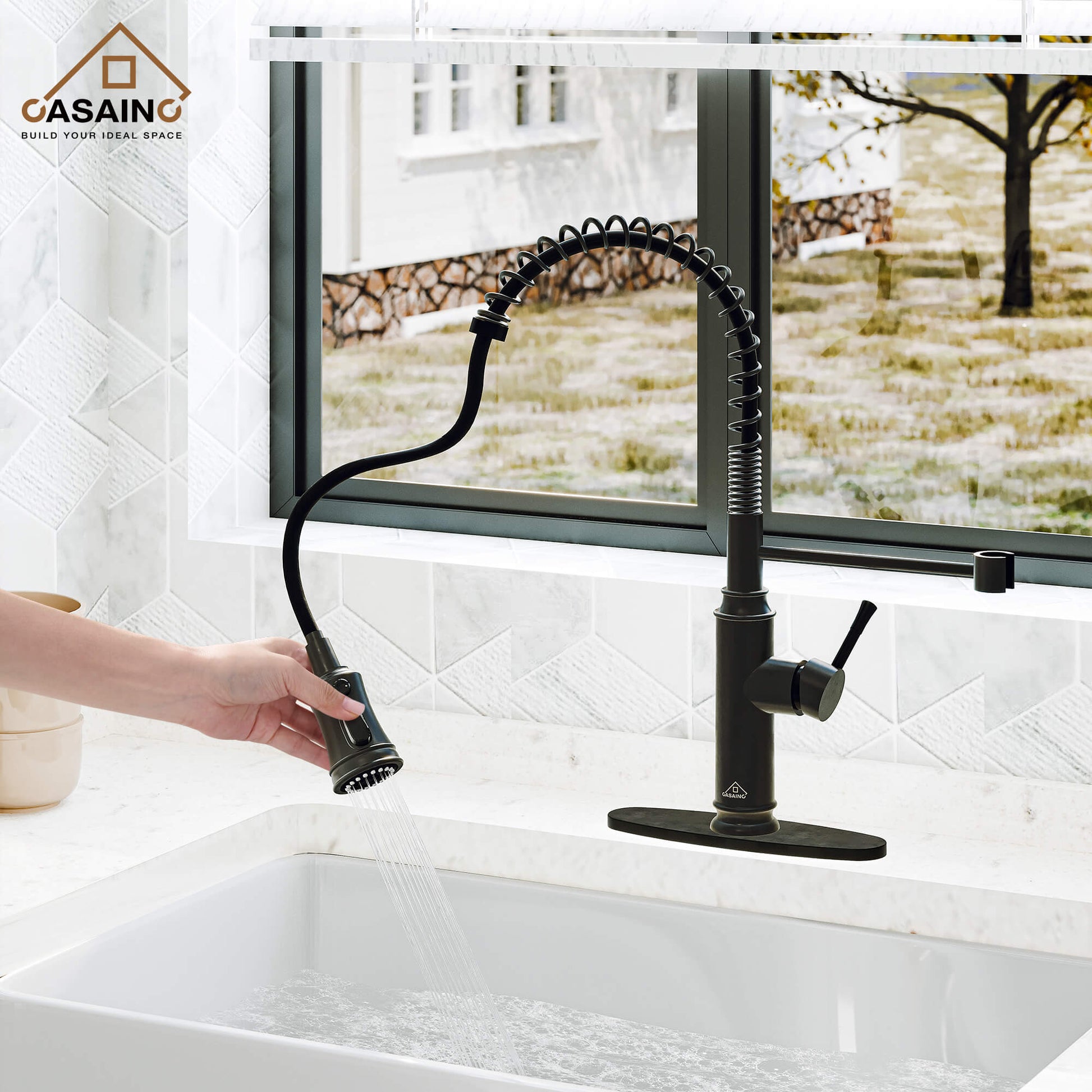 CASAINC pull down kitchen faucet with 1.8gpm spray head function switch in mattle black/brushed nickel-CASAINC