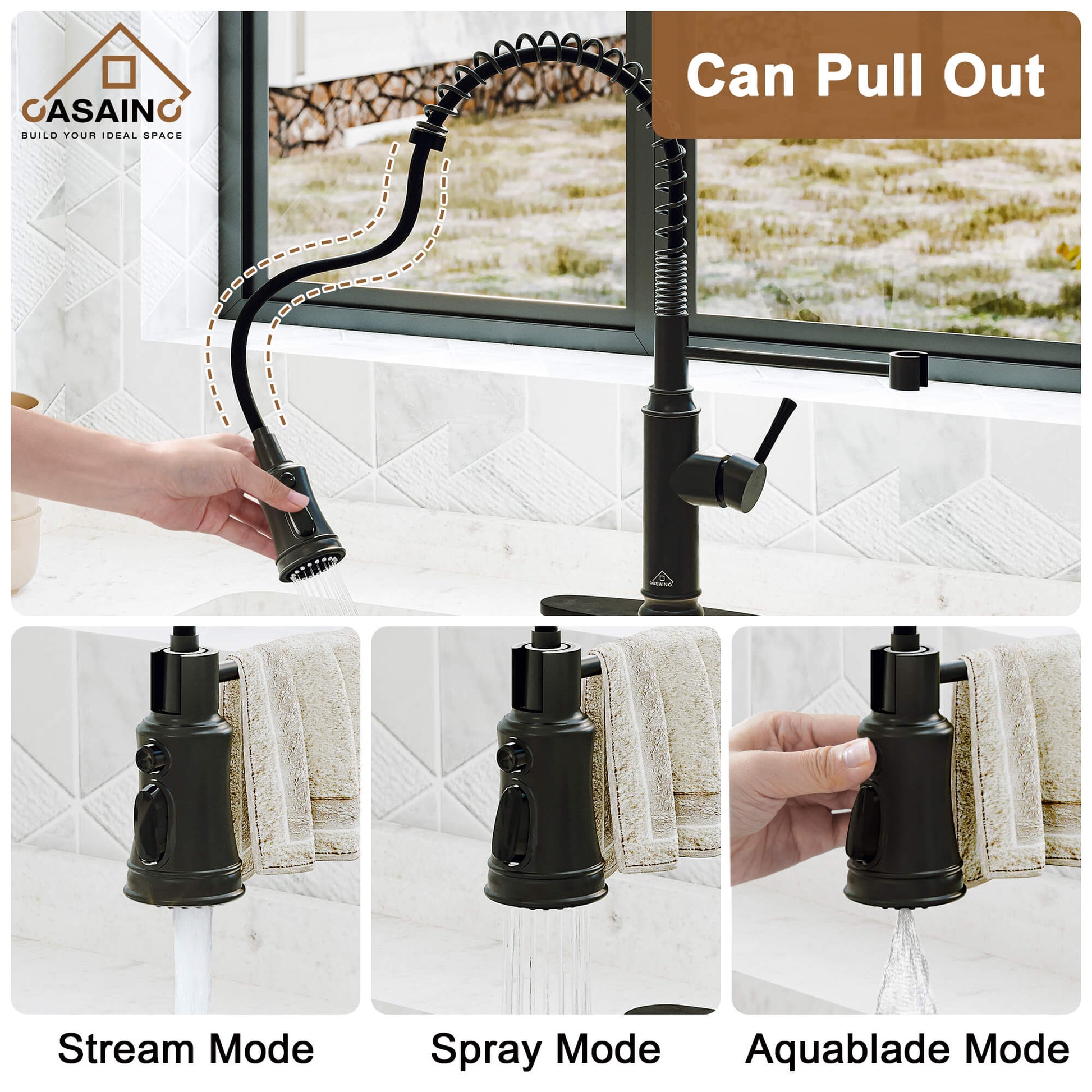 CASAINC pull down kitchen faucet with 1.8gpm spray head function switch in mattle black/brushed nickel-CASAINC