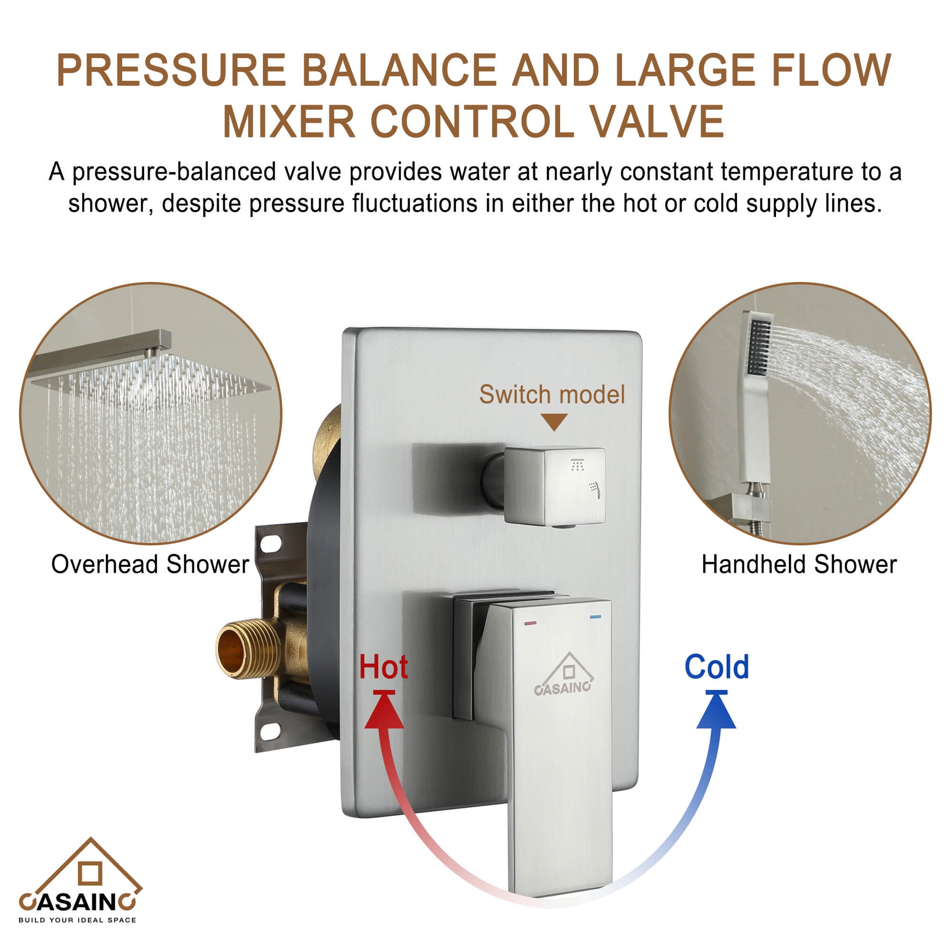 CASAINC 2-Function Shower System with Handheld Shower in Brushed Nickel/Matte Black