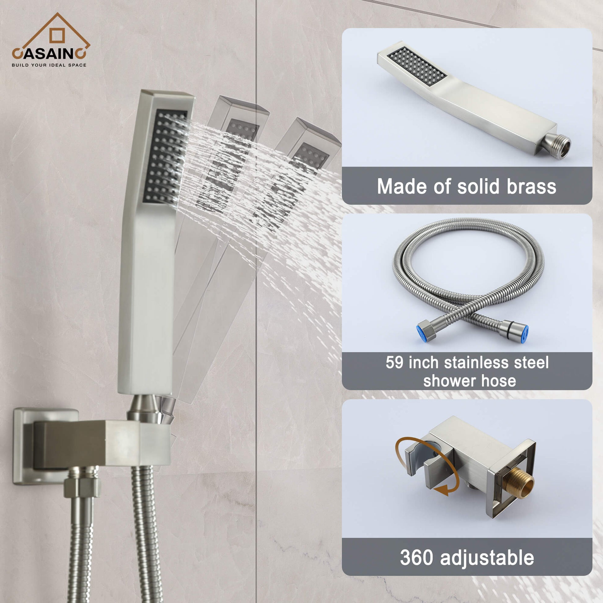 CASAINC 2-Function Shower System with Handheld Shower in Brushed Nickel/Matte Black