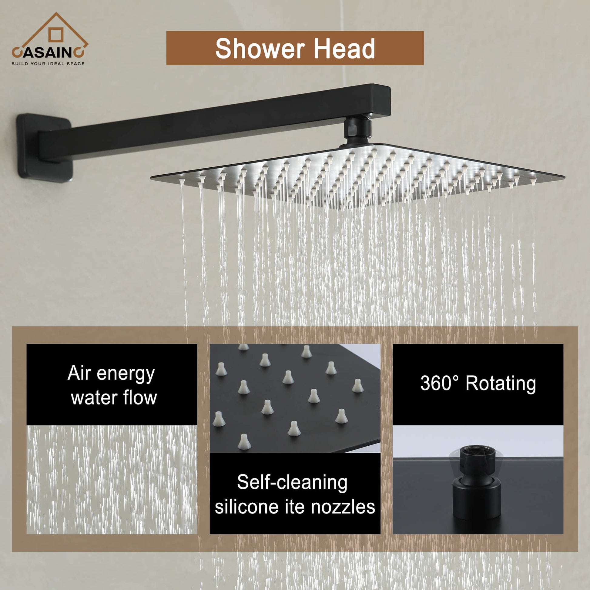 CASAINC Wall-Mounted/Ceiling-Mounted 2-Function Shower System with Handheld Shower in Matte Black