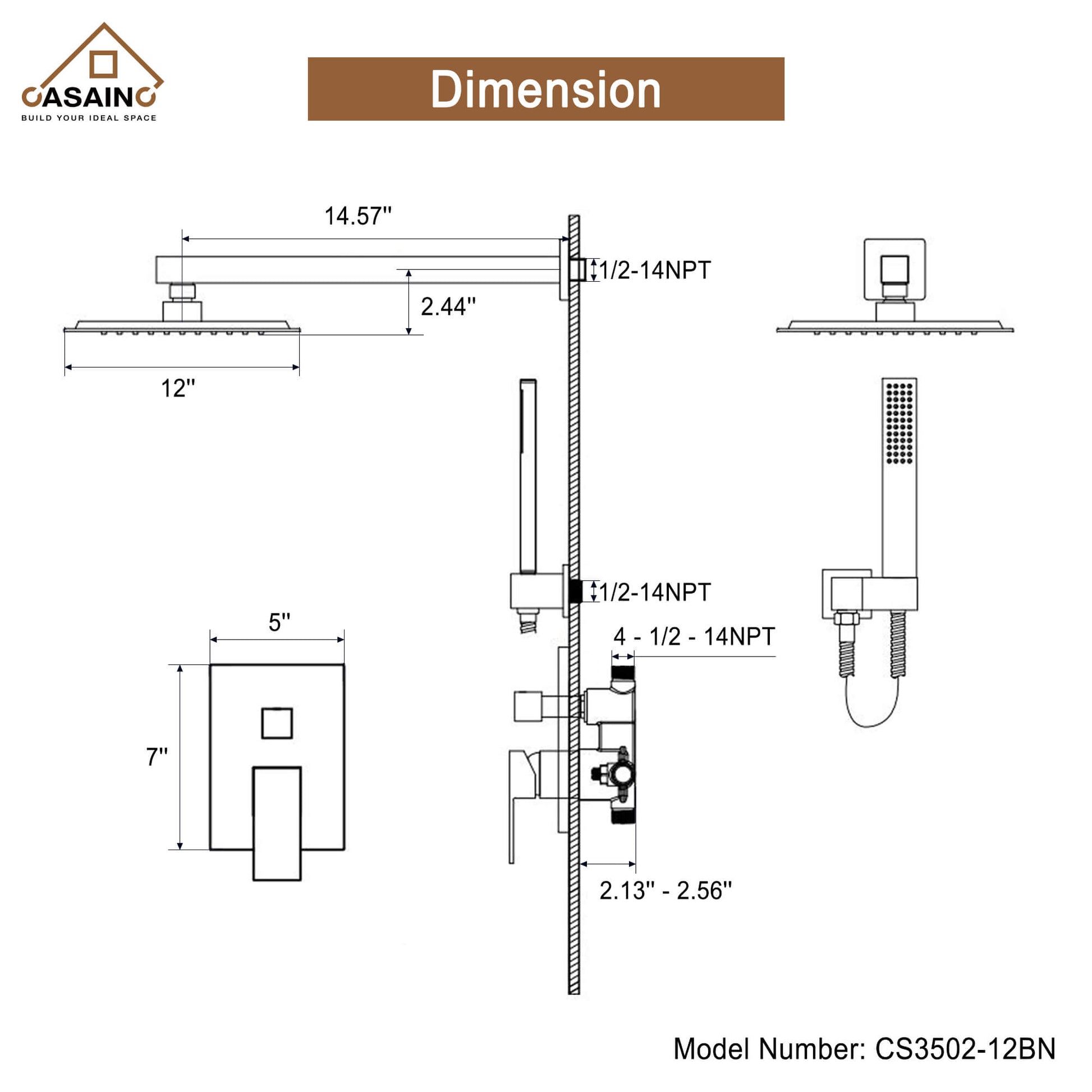 CASAINC 2-Function Shower System with Handheld Shower in Brushed Nickel/Matte Black