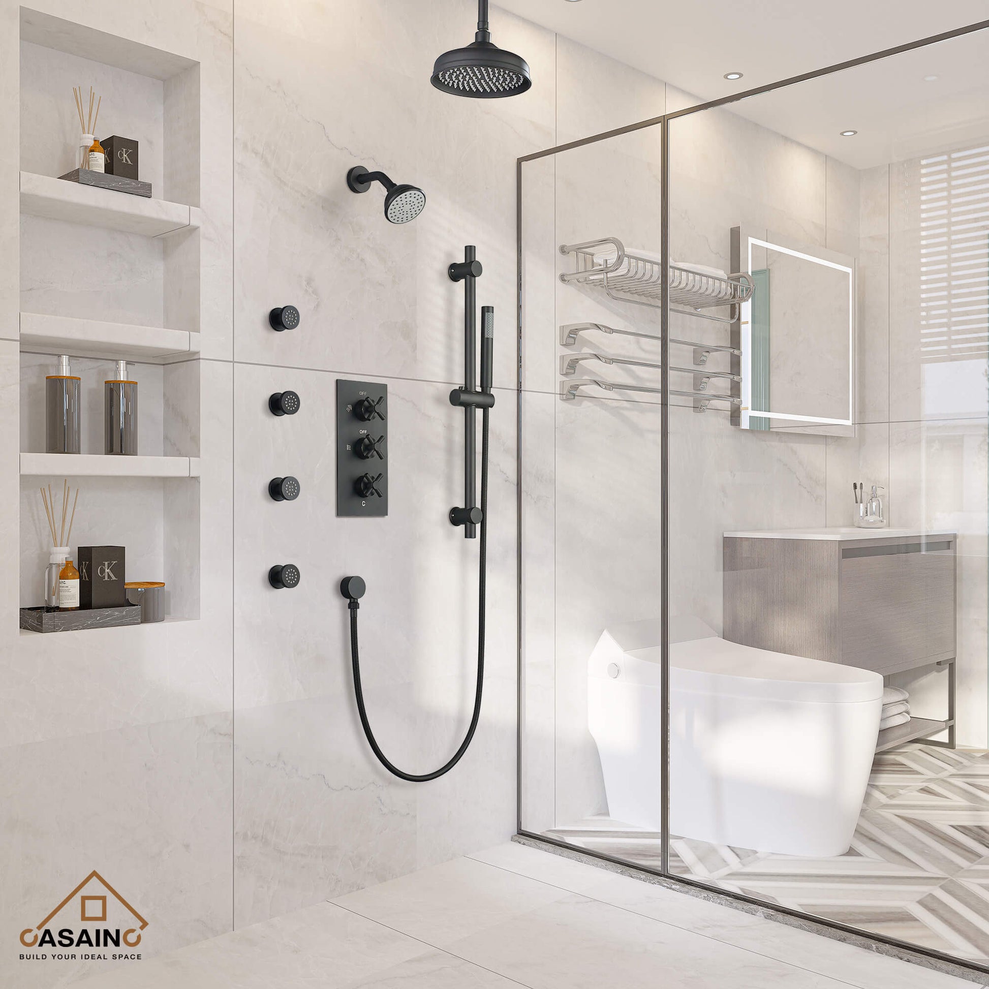 CASAINC 8" Multifunctional Shower System with Sliding Bar & Handheld Shower & 4 Body Sprays 