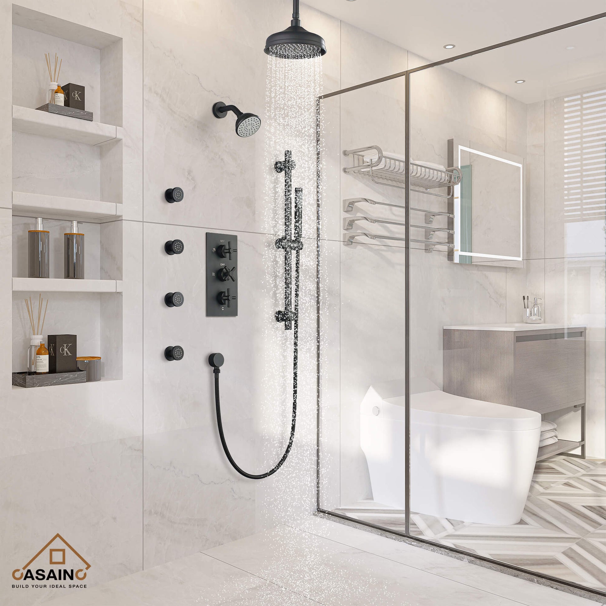 CASAINC 8" Multifunctional Shower System with Sliding Bar & Handheld Shower & 4 Body Sprays 