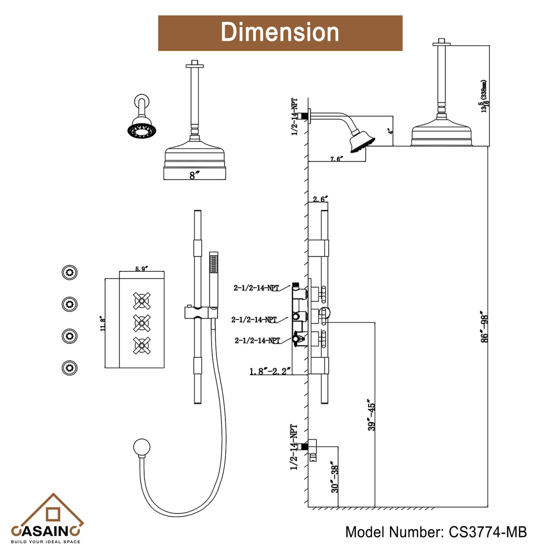 CASAINC 8" Multifunctional Shower System with Sliding Bar & Handheld Shower & 4 Body Sprays 