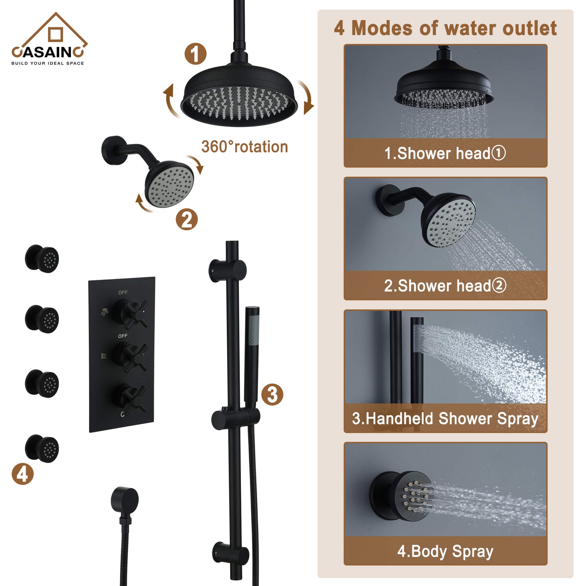 CASAINC 8" Multifunctional Shower System with Sliding Bar & Handheld Shower & 4 Body Sprays 