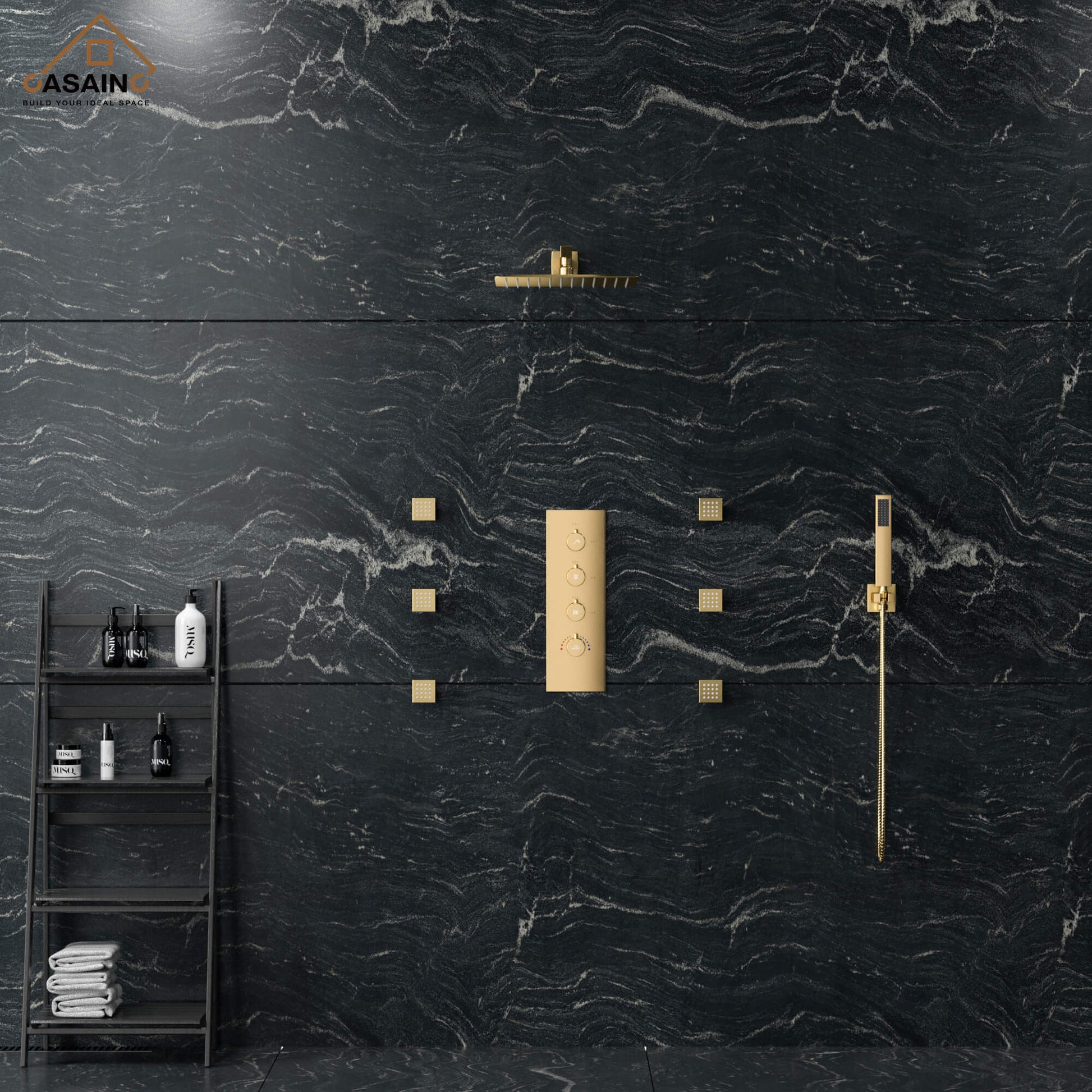 CASAINC Luxury 12 in. Thermostatic Wall Mounted Rainfall Shower Faucet Dual Shower Heads System With 6 Body Jets
