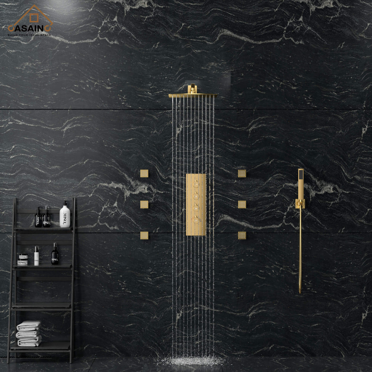 12" Black Thermostatic LED Rainfall Shower Combo – Massage Jets & Handheld Spray