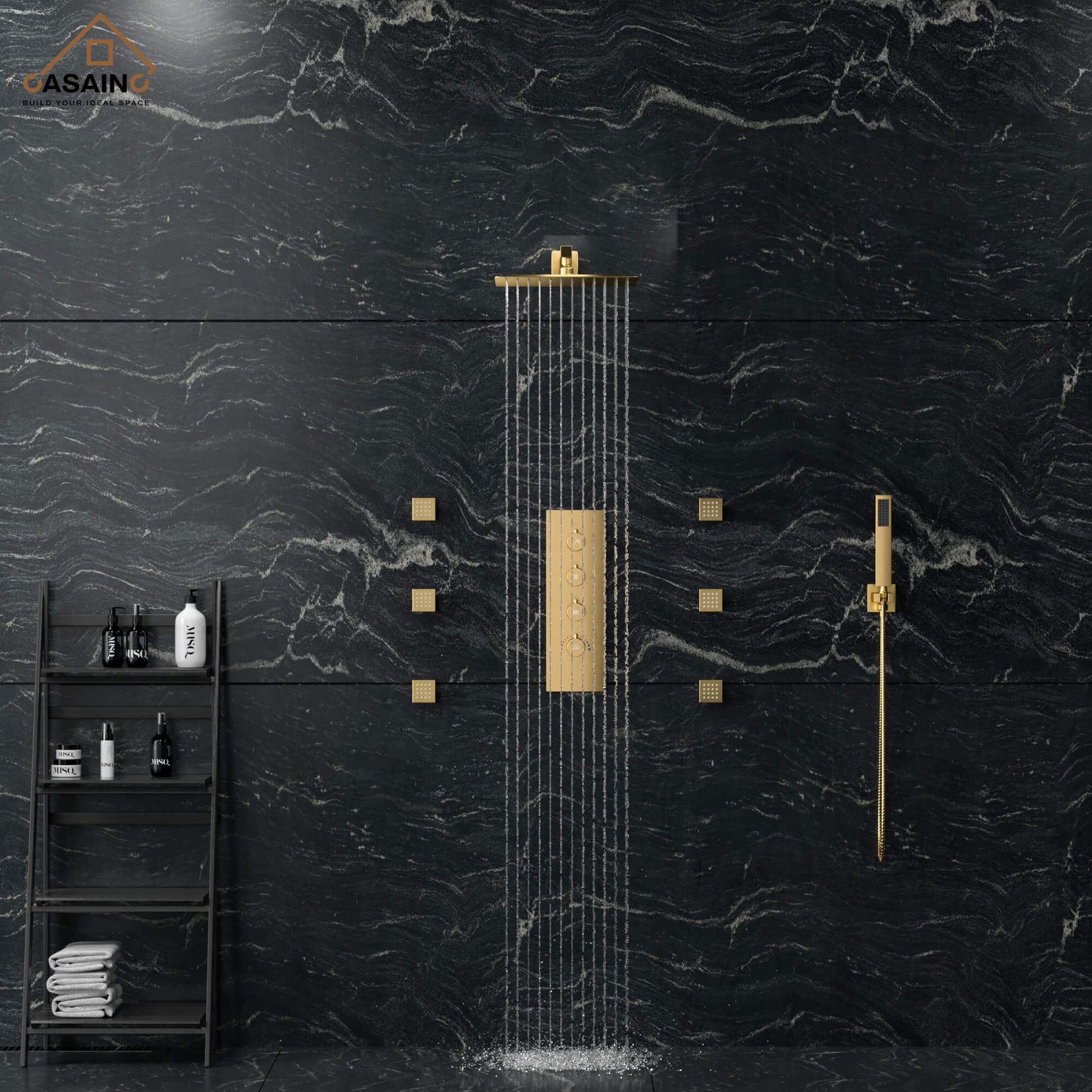 CASAINC Luxury 12 in. Thermostatic Wall Mounted Rainfall Shower Faucet Dual Shower Heads System With 6 Body Jets