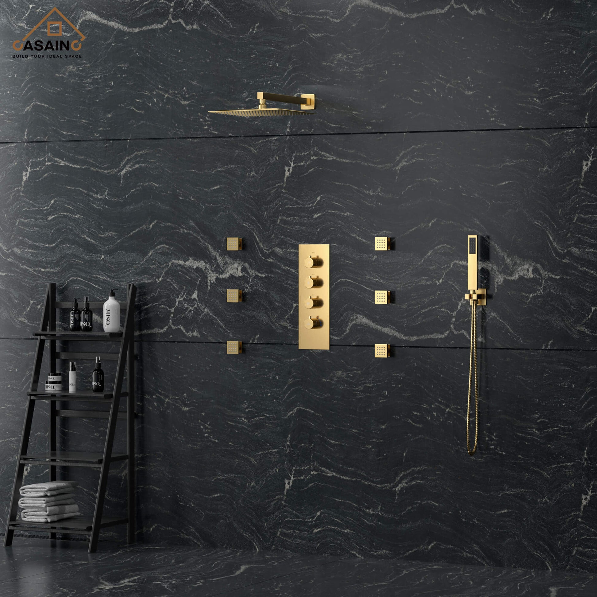 CASAINC Luxury 12 in. Thermostatic Wall Mounted Rainfall Shower Faucet Dual Shower Heads System With 6 Body Jets