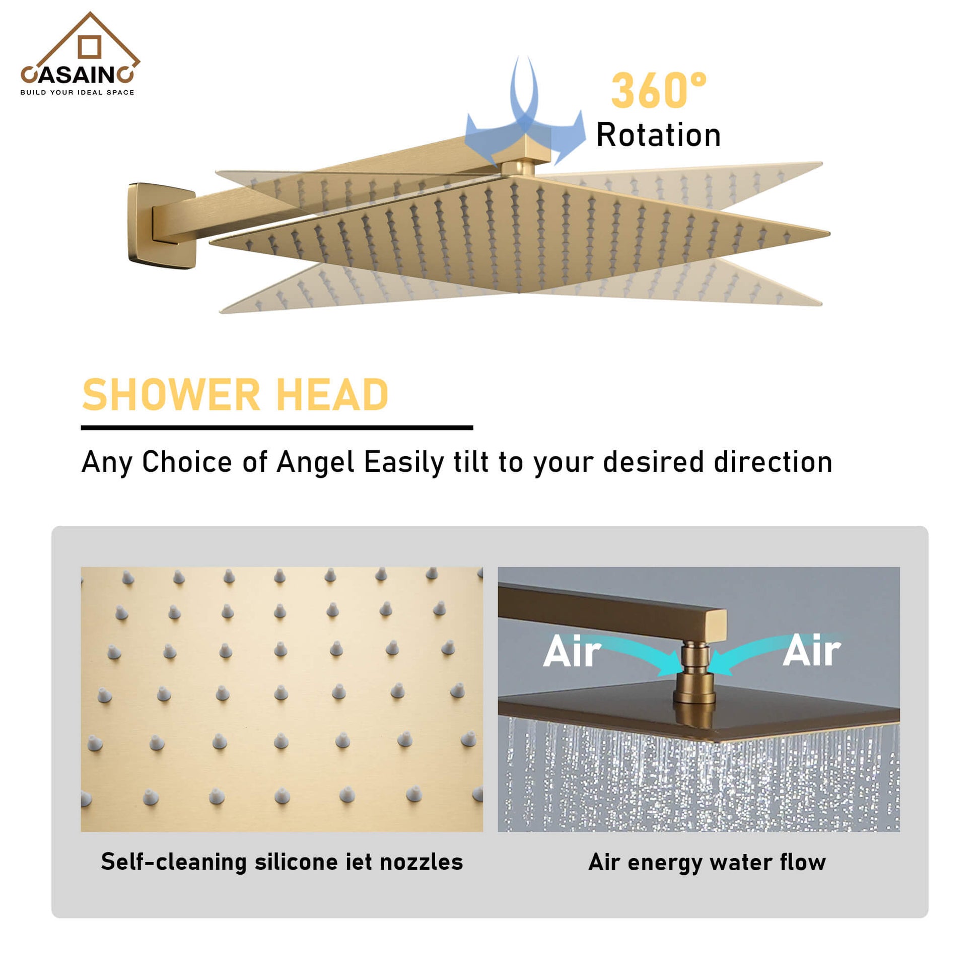 CASAINC Luxury 12 in. Thermostatic Wall Mounted Rainfall Shower Faucet Dual Shower Heads System With 6 Body Jets
