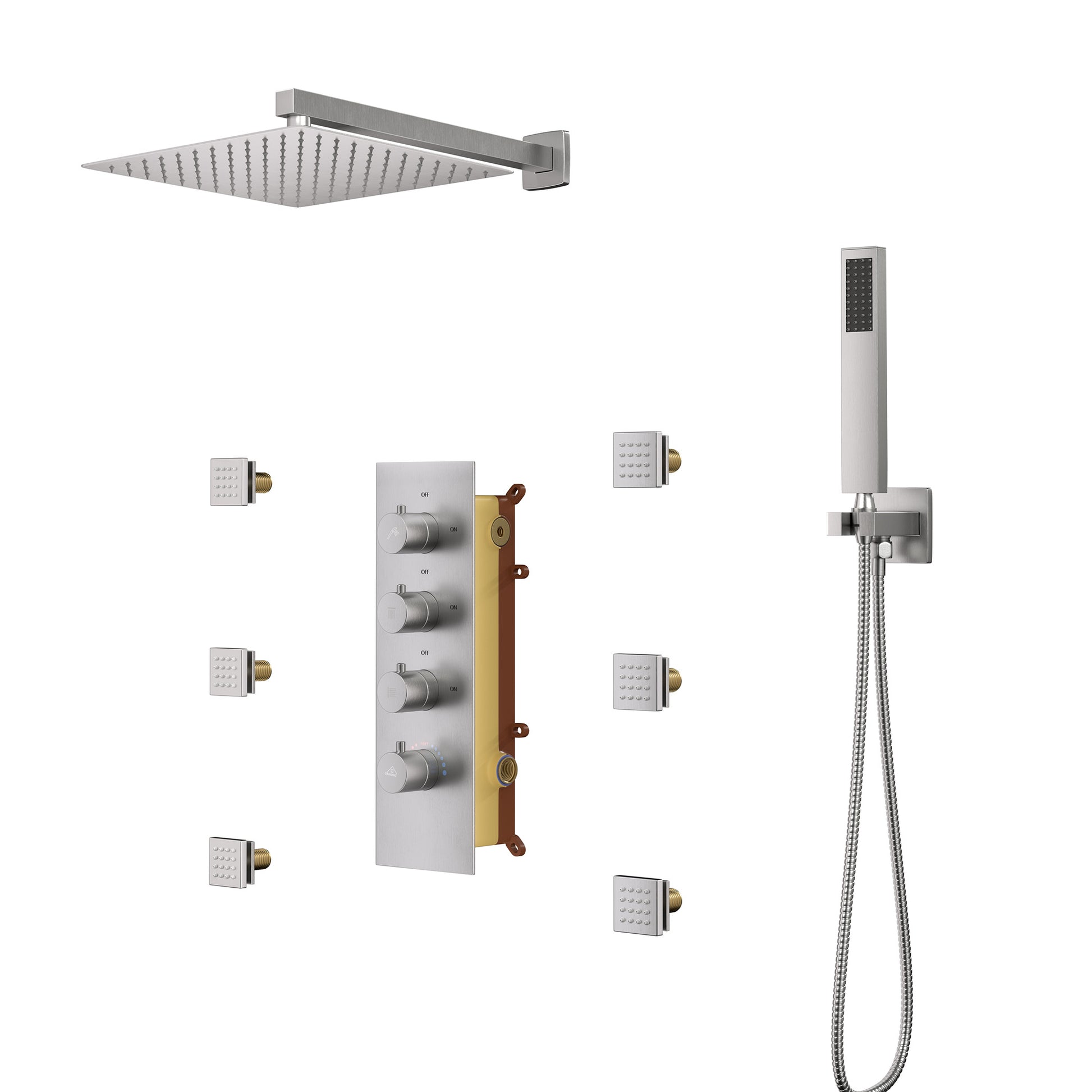 CASAINC Luxury 12 in. Thermostatic Wall Mounted Rainfall Shower Faucet Dual Shower Heads System With 6 Body Jets
