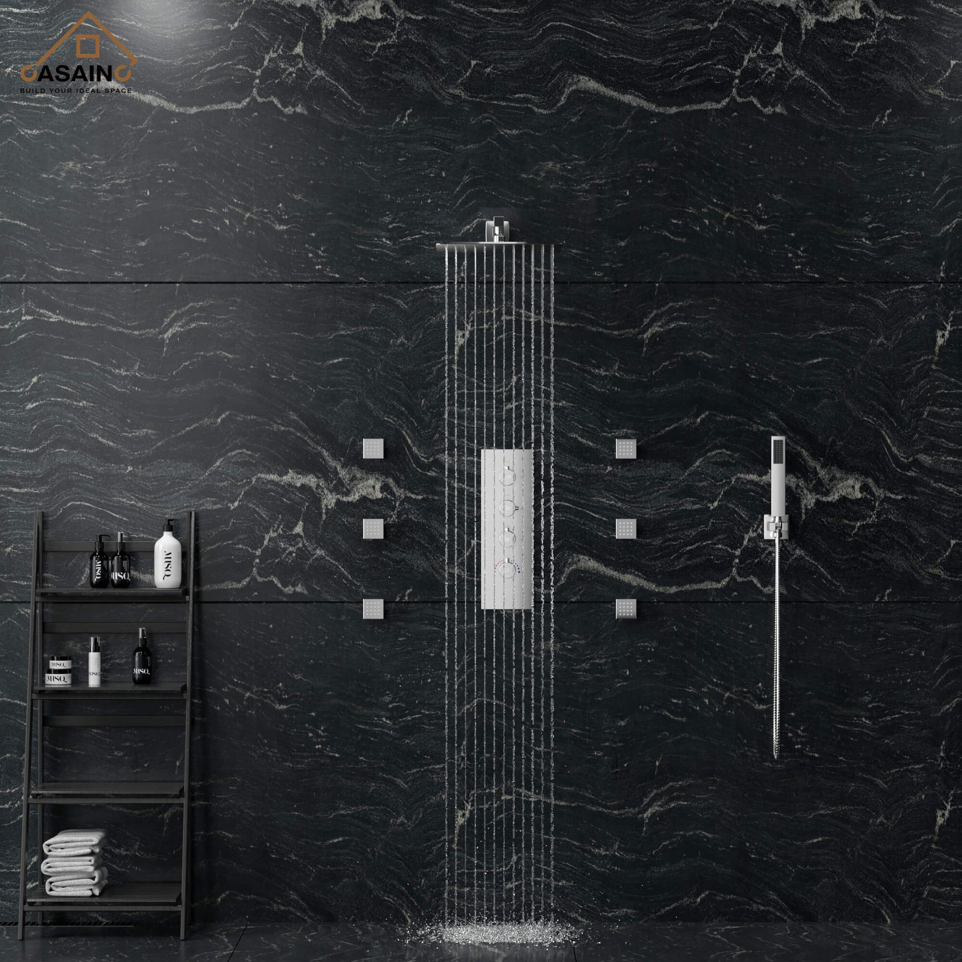 CASAINC Luxury 12 in. Thermostatic Wall Mounted Rainfall Shower Faucet Dual Shower Heads System With 6 Body Jets