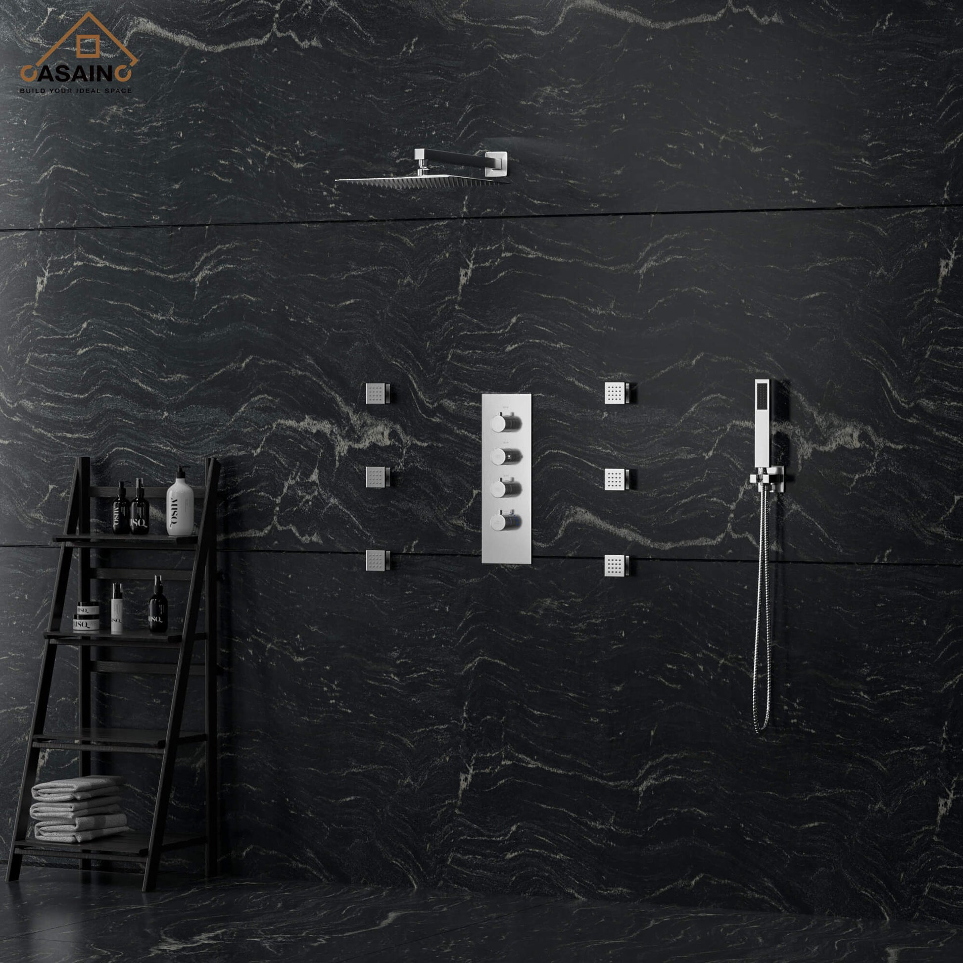 CASAINC Luxury 12 in. Thermostatic Wall Mounted Rainfall Shower Faucet Dual Shower Heads System With 6 Body Jets