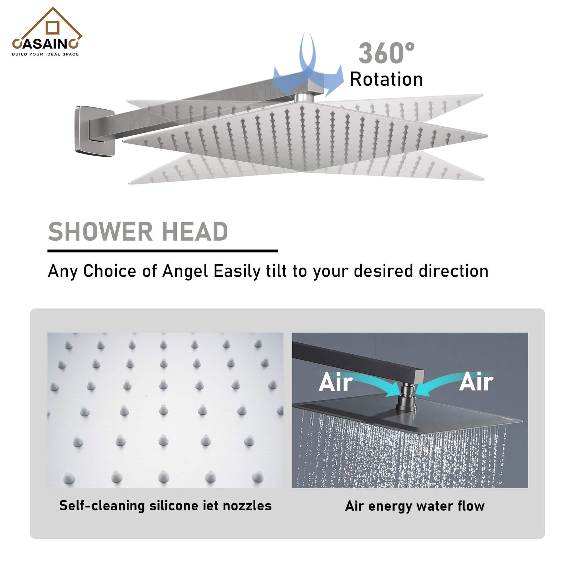 CASAINC Luxury 12 in. Thermostatic Wall Mounted Rainfall Shower Faucet Dual Shower Heads System With 6 Body Jets