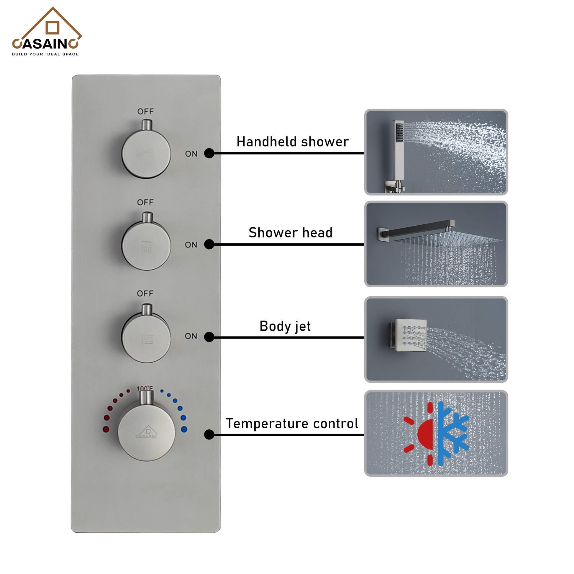 CASAINC Luxury 12 in. Thermostatic Wall Mounted Rainfall Shower Faucet Dual Shower Heads System With 6 Body Jets