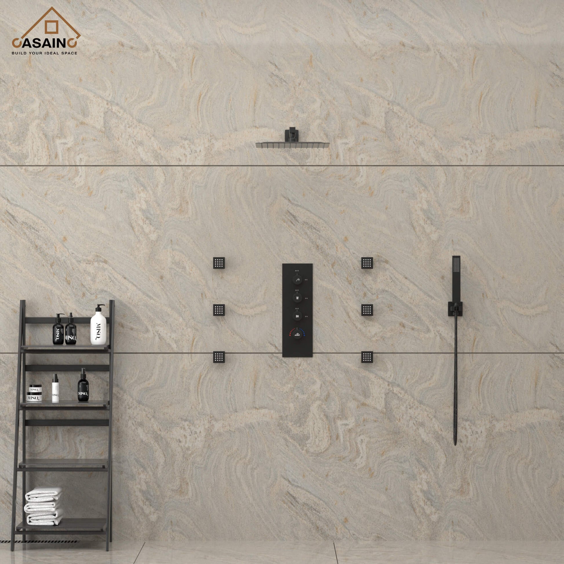 CASAINC Luxury 12 in. Thermostatic Wall Mounted Rainfall Shower Faucet Dual Shower Heads System With 6 Body Jets