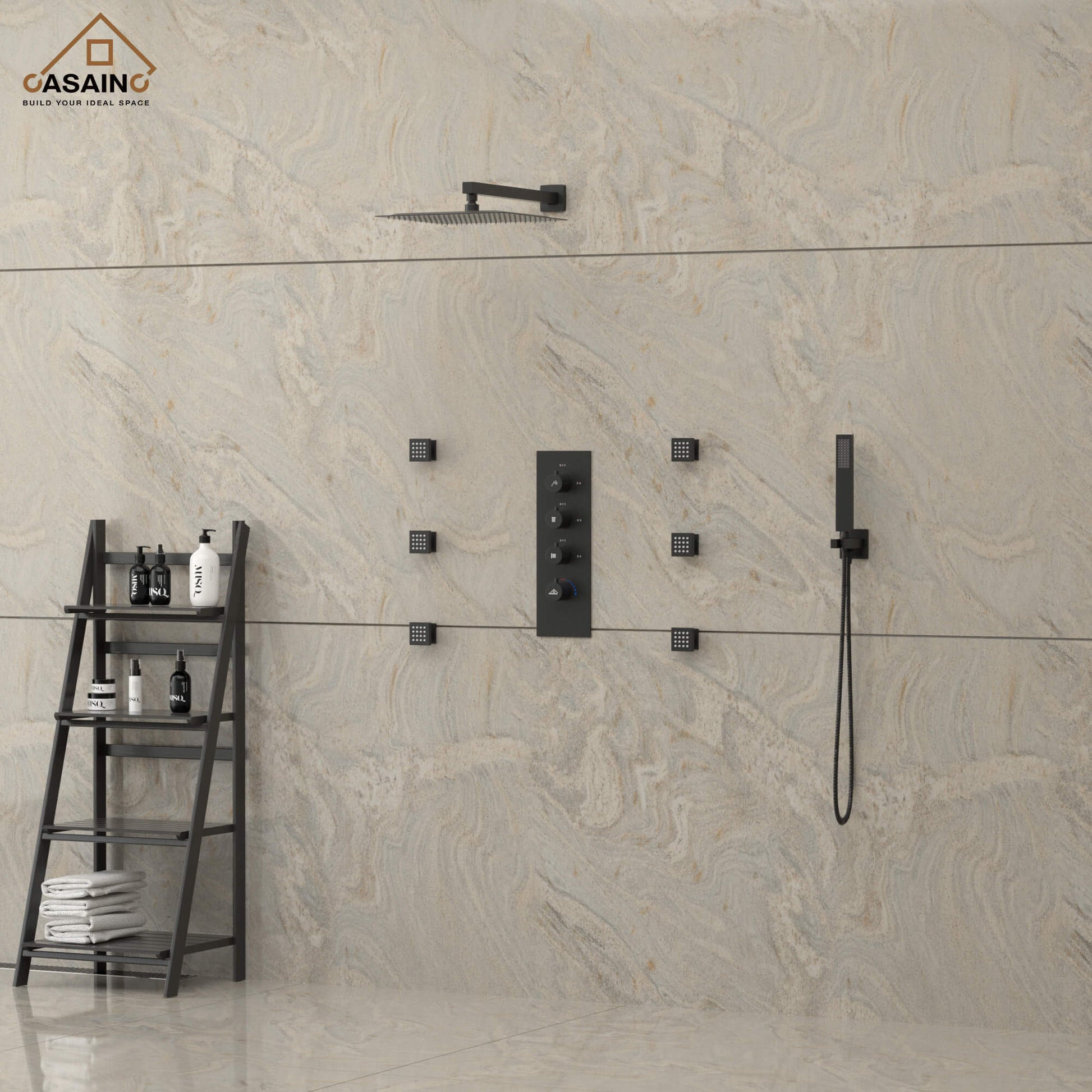 CASAINC Luxury 12 in. Thermostatic Wall Mounted Rainfall Shower Faucet Dual Shower Heads System With 6 Body Jets