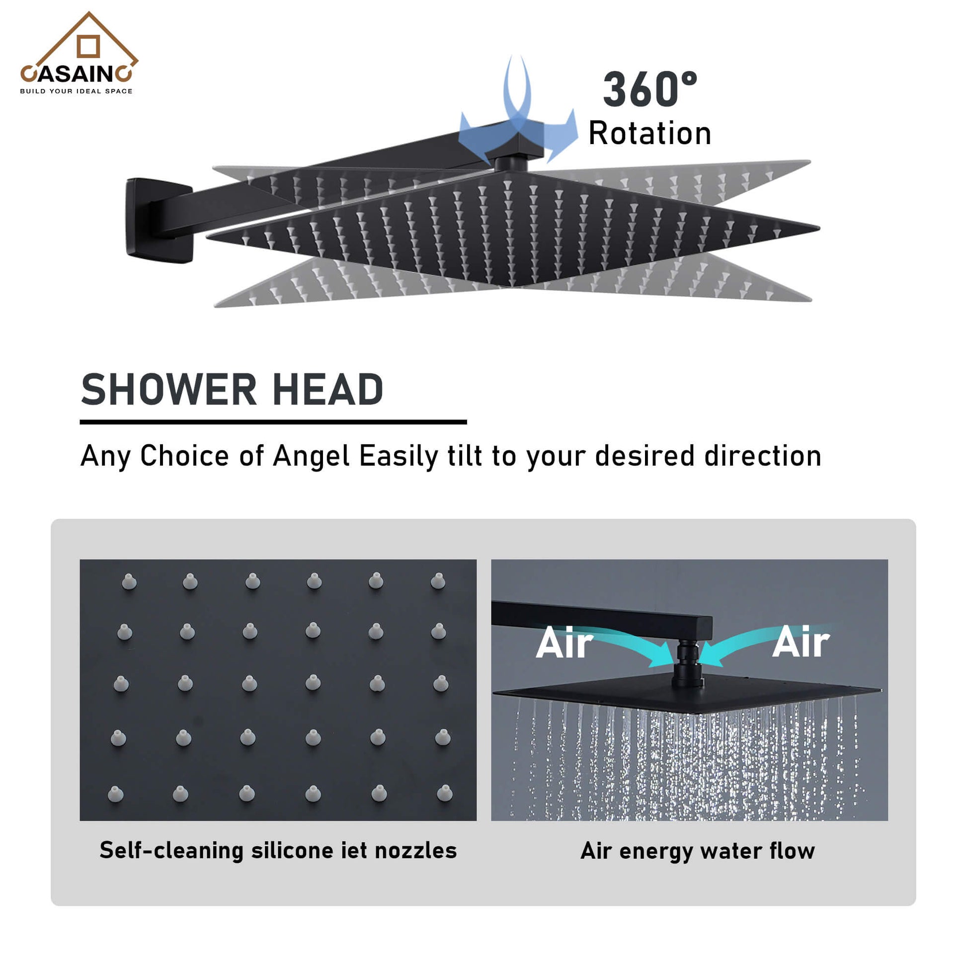 CASAINC Luxury 12 in. Thermostatic Wall Mounted Rainfall Shower Faucet Dual Shower Heads System With 6 Body Jets