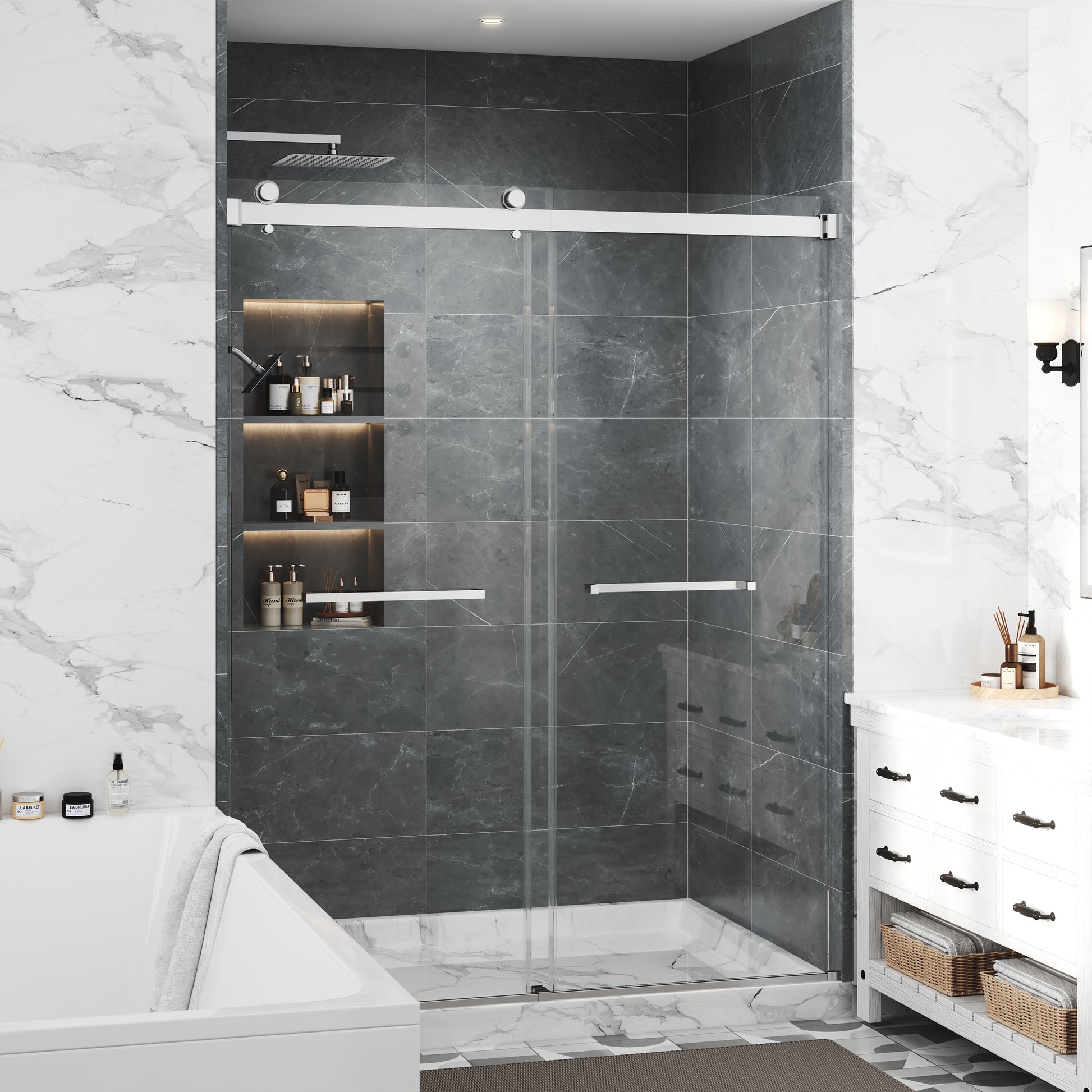 48"x76" Adjustable Frameless Double Sliding Shower Door with Towel Bars