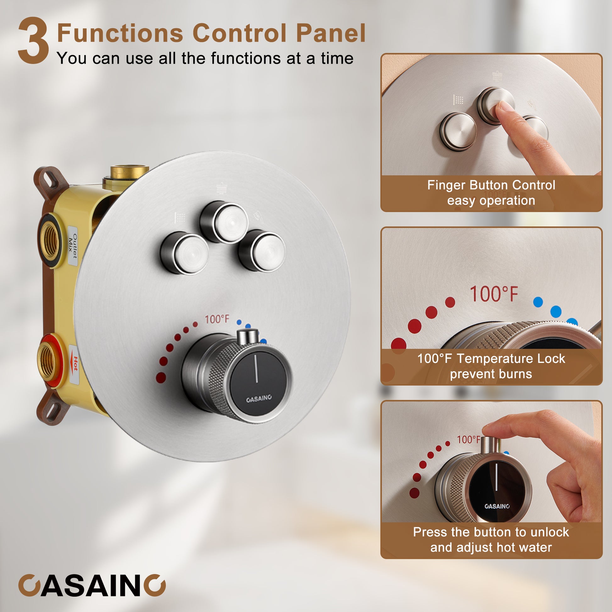 Casainc Smart Temperature Digital Adjustment 3 Function Luxury Thermostatic Shower, Valve Included
