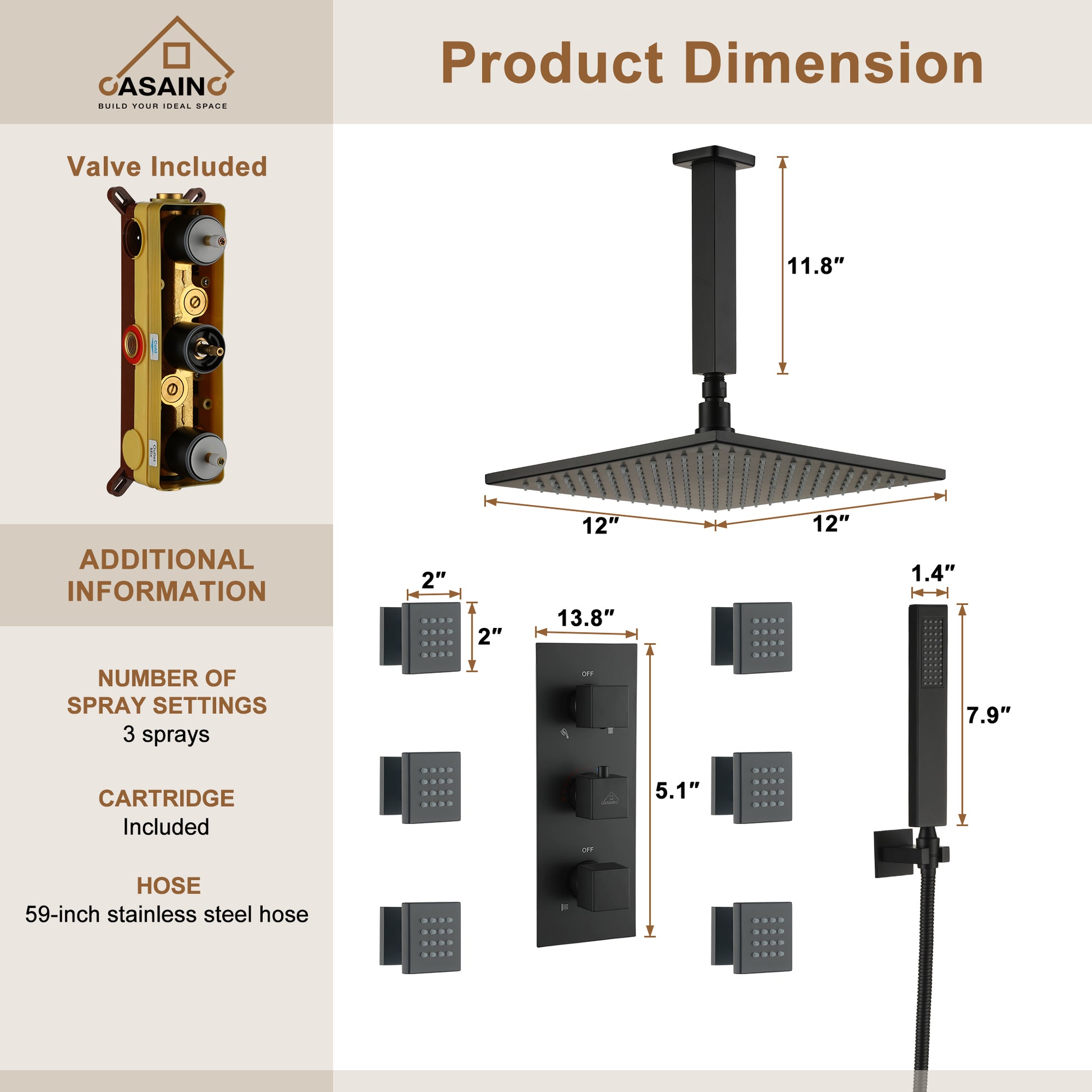 Luxury Celling Mount 12 Inch LED Light Shower Head 3 Function Thermostatic Shower System with 6 Body Jets