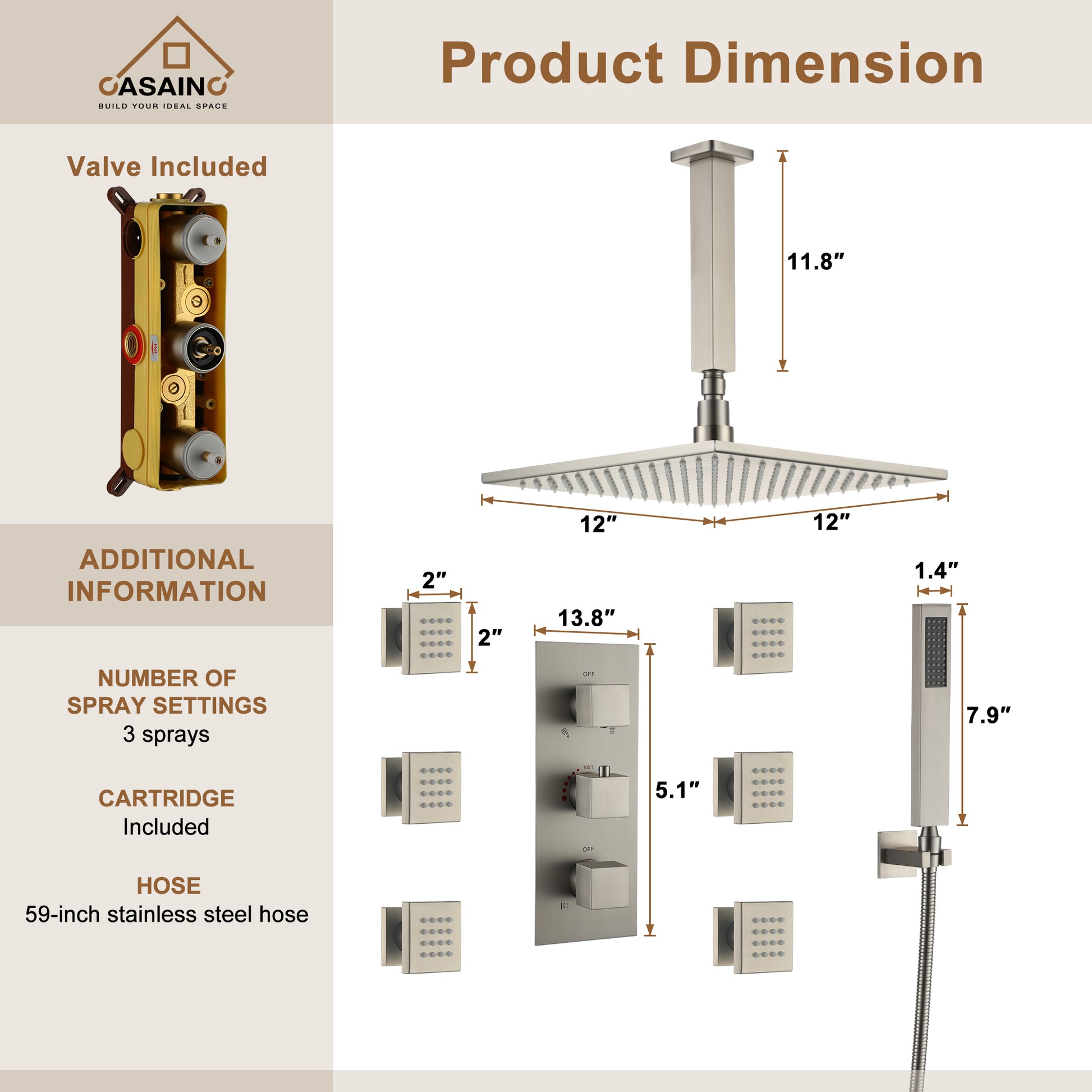 Luxury Celling Mount 12 Inch LED Light Shower Head 3 Function Thermostatic Shower System with 6 Body Jets