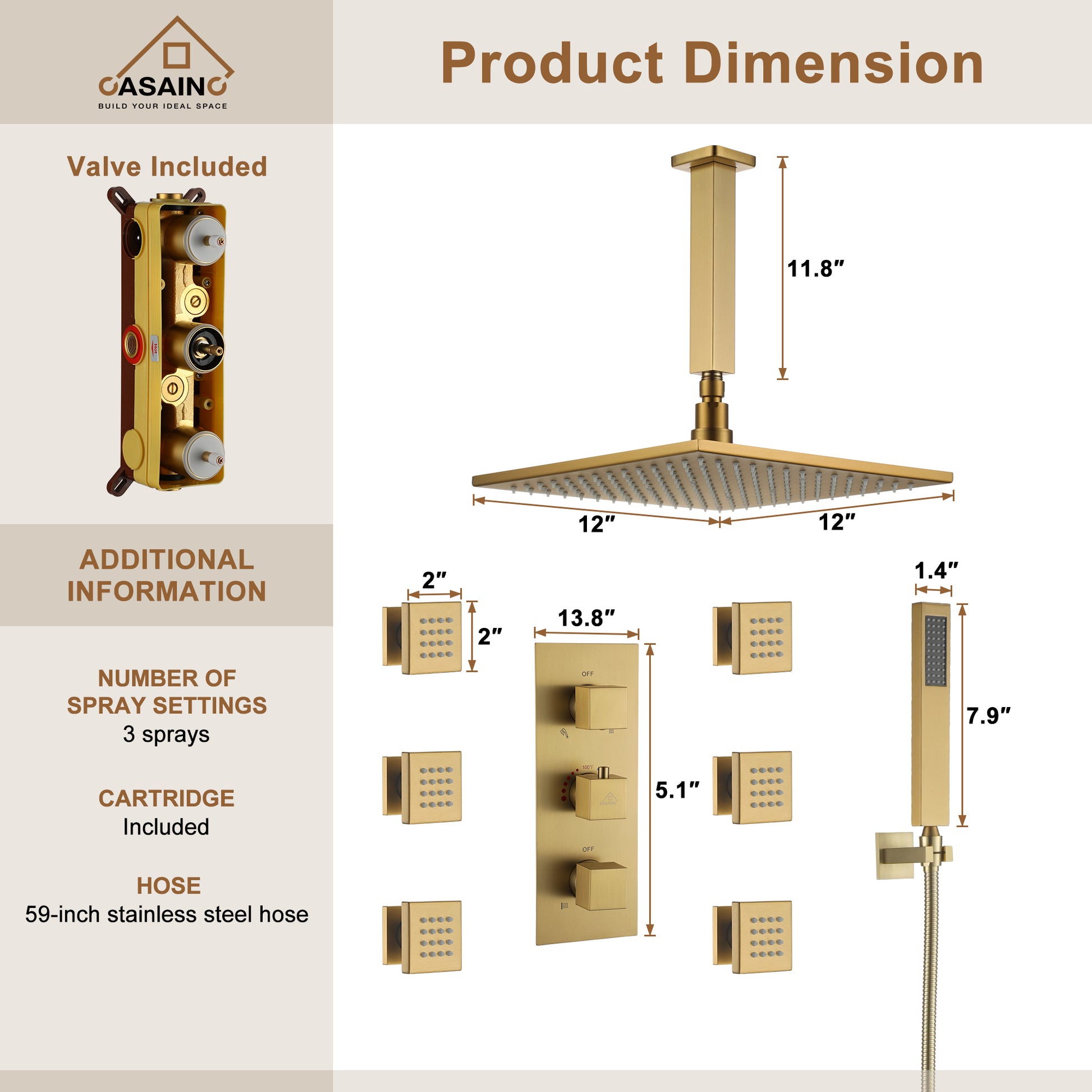 Luxury Celling Mount 12 Inch LED Light Shower Head 3 Function Thermostatic Shower System with 6 Body Jets