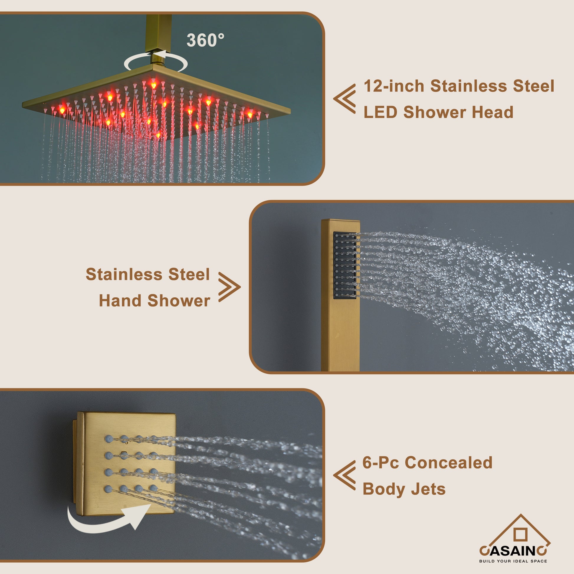 Luxury Celling Mount 12 Inch LED Light Shower Head 3 Function Thermostatic Shower System with 6 Body Jets