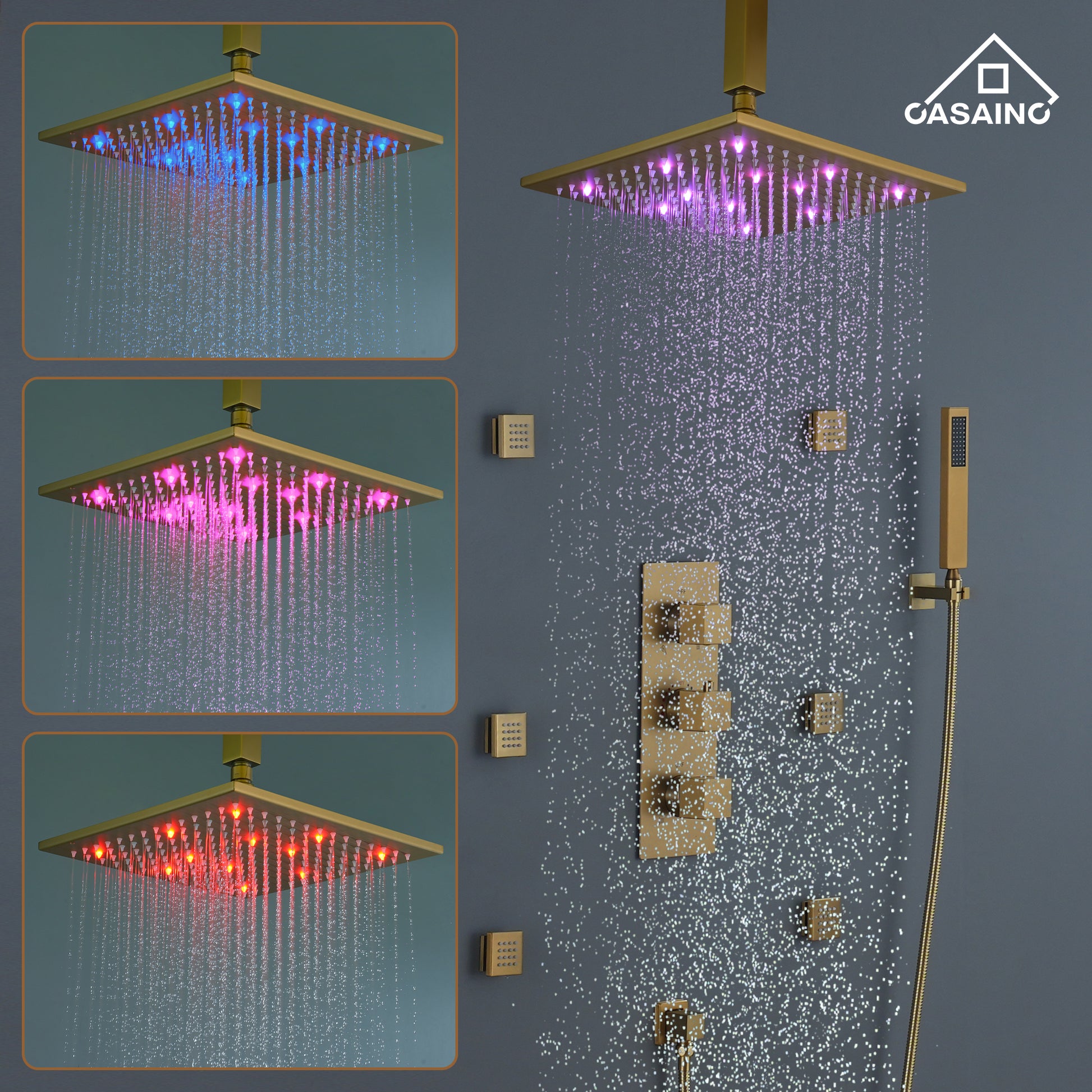 12" Ceiling Mount Luxury Shower System with LED Light & 6 Body Jets