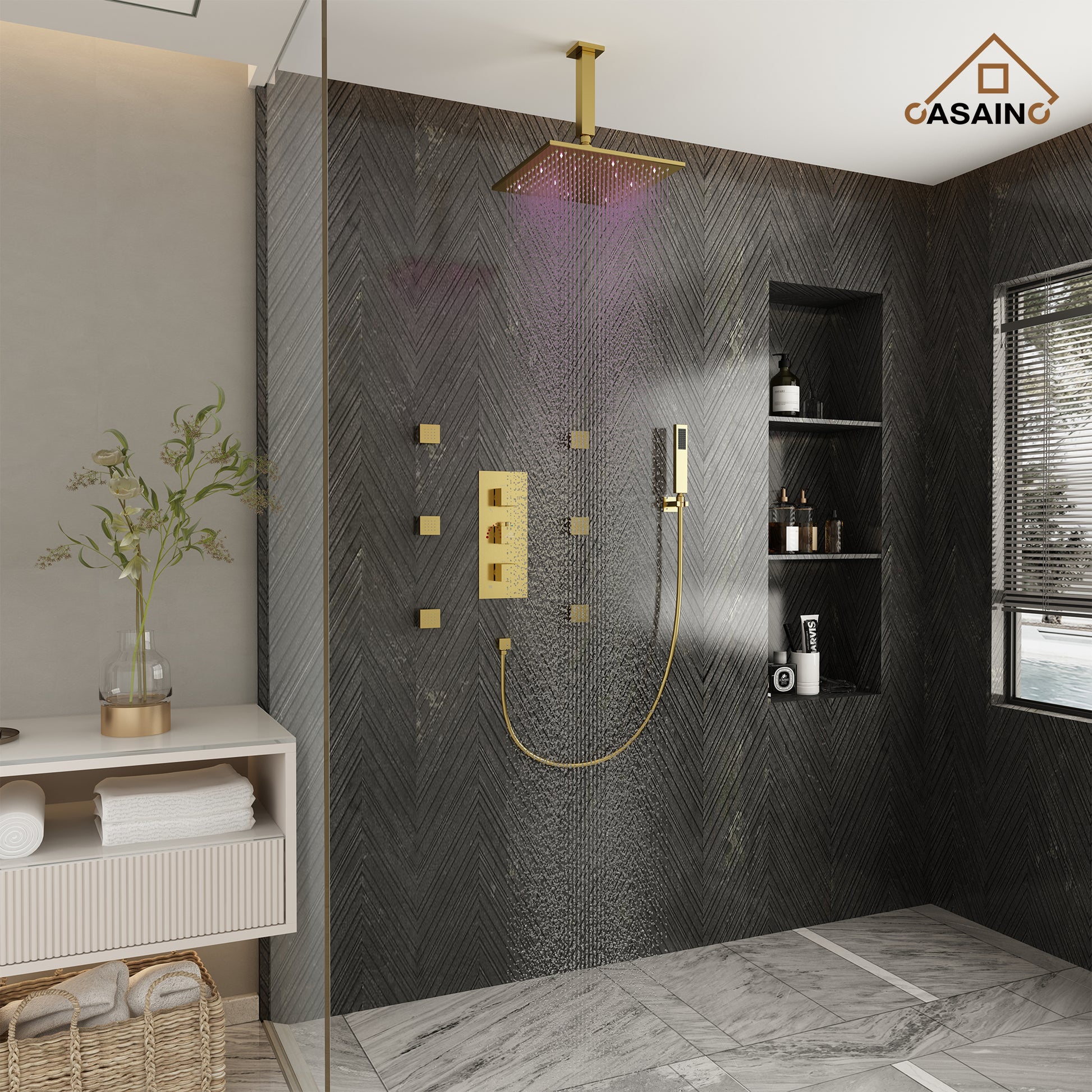 12" Ceiling Mount Luxury Shower System with LED Light & 6 Body Jets