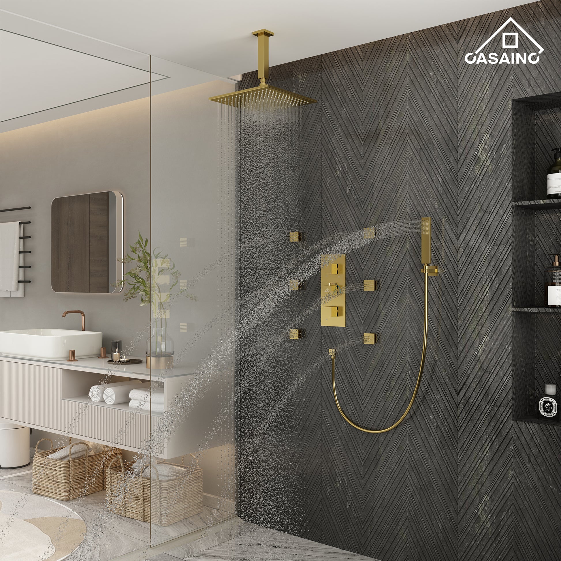 12" Ceiling Mount Luxury Shower System with LED Light & 6 Body Jets