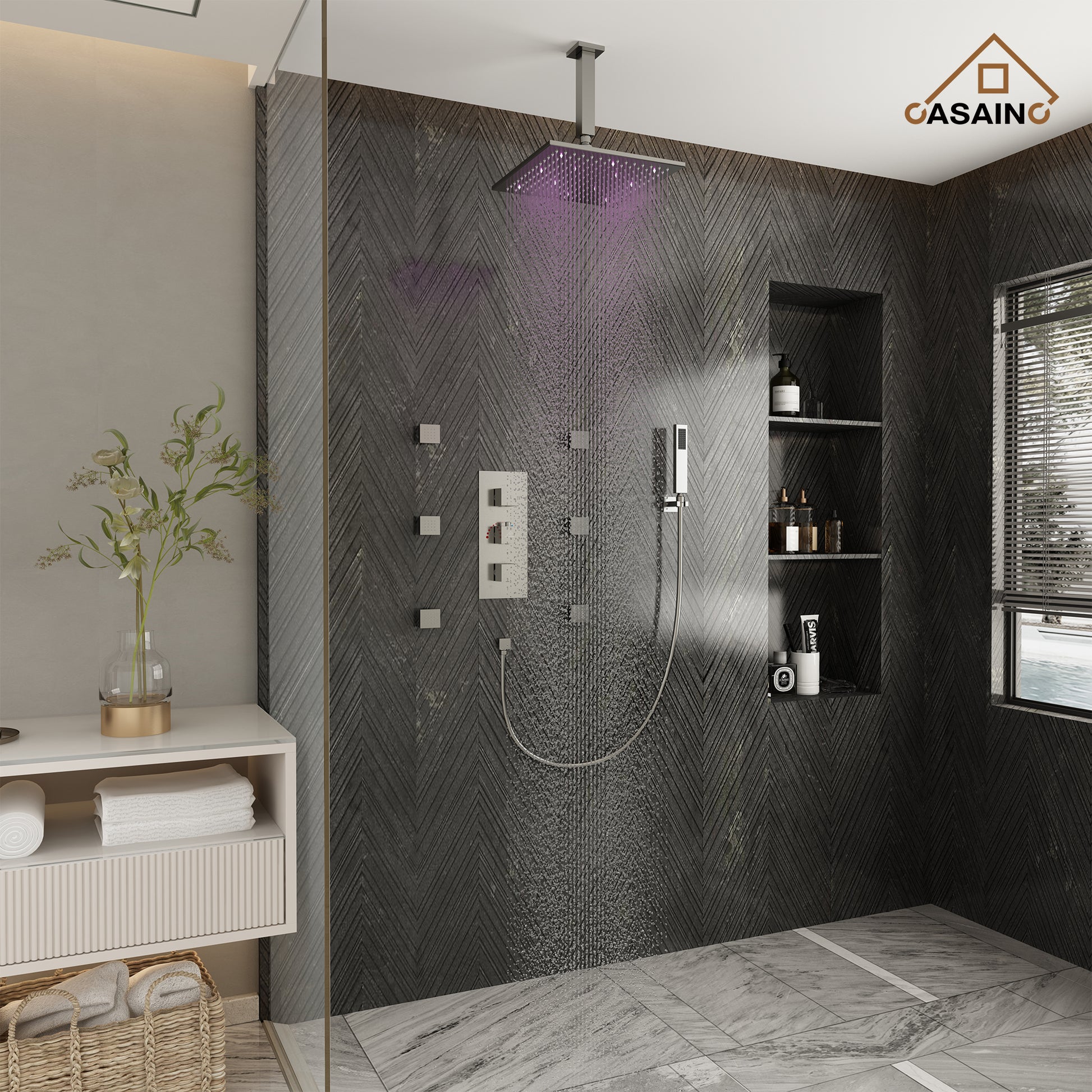 12" Ceiling Mount Luxury Shower System with LED Light & 6 Body Jets