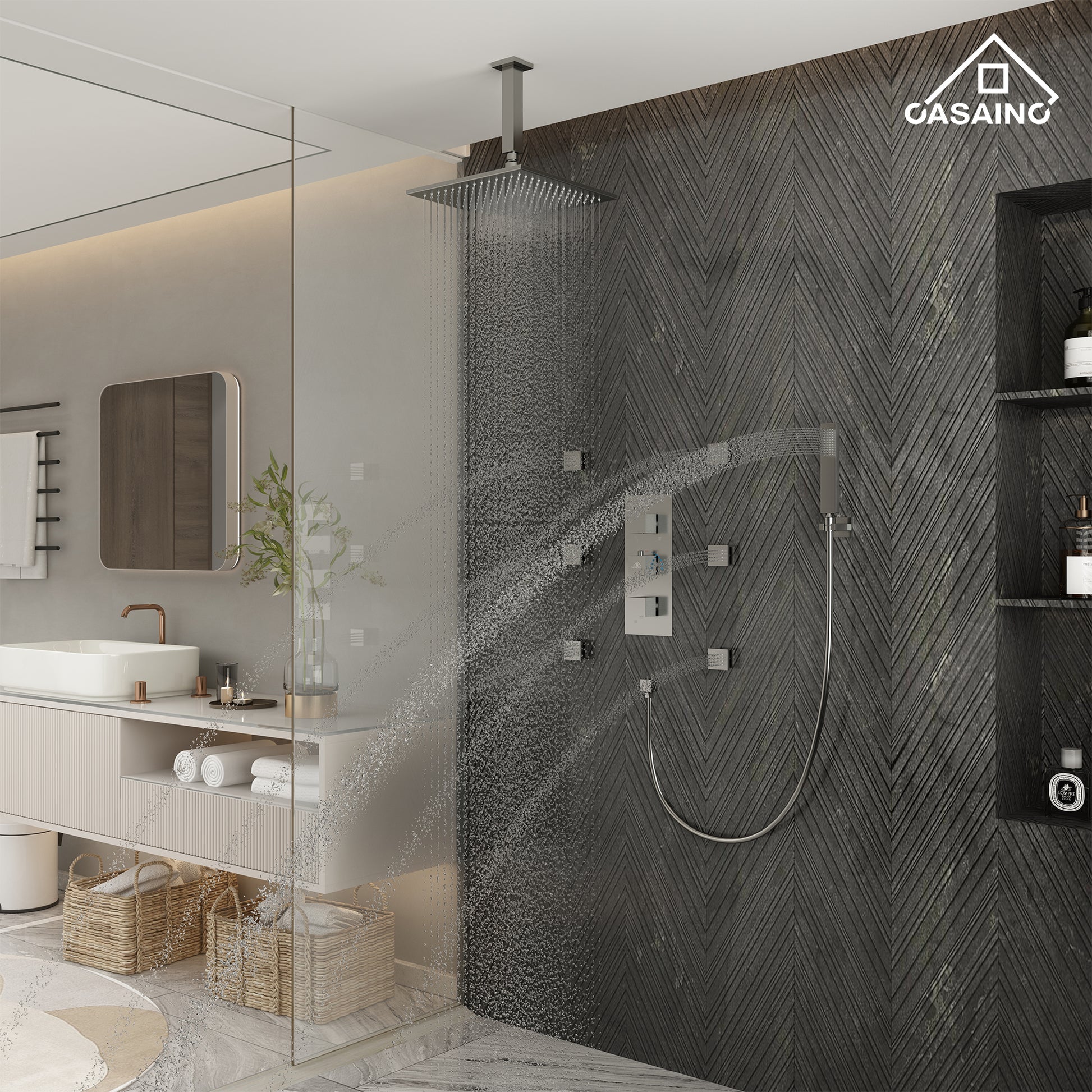 12" Ceiling Mount Luxury Shower System with LED Light & 6 Body Jets