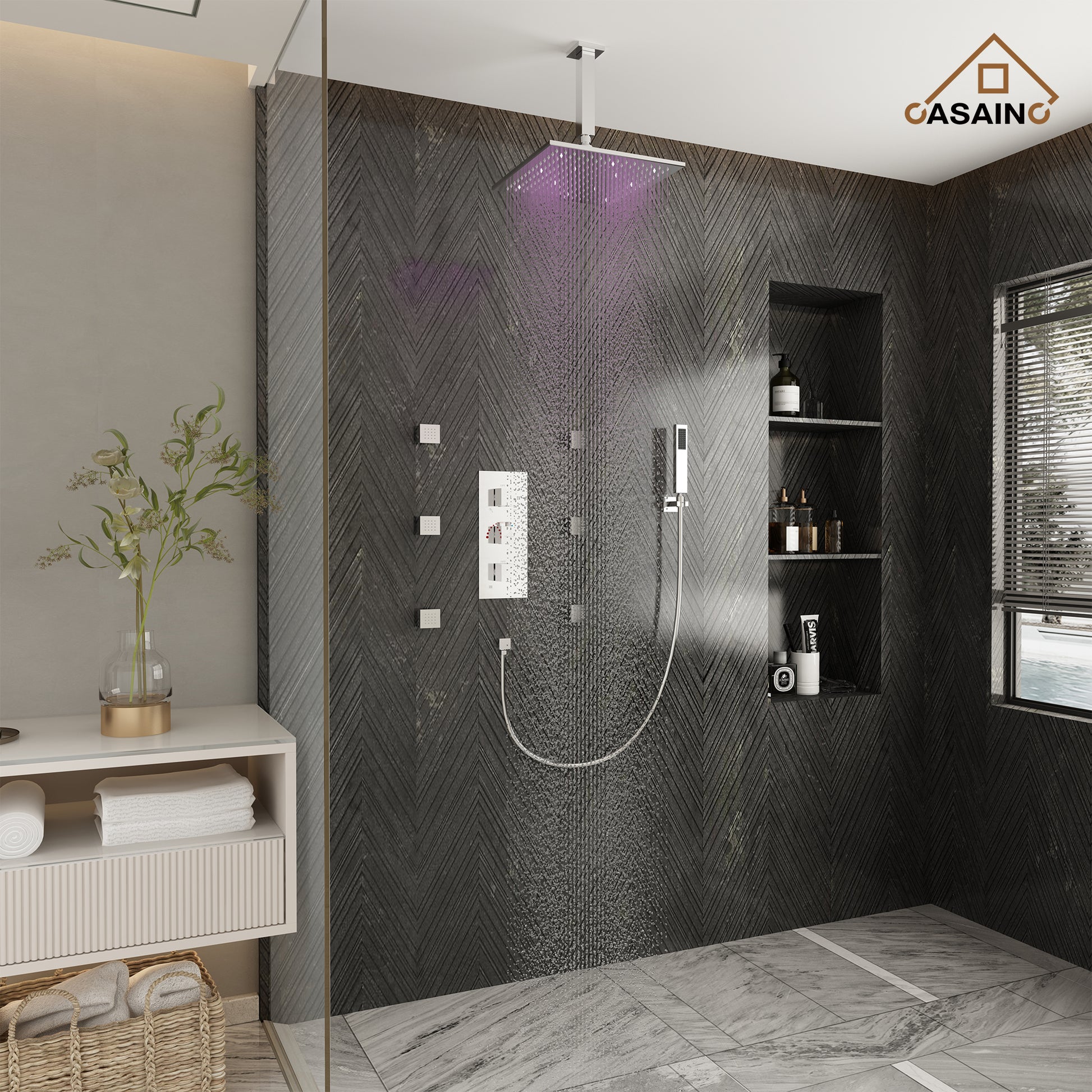 12" Ceiling Mount Luxury Shower System with LED Light & 6 Body Jets